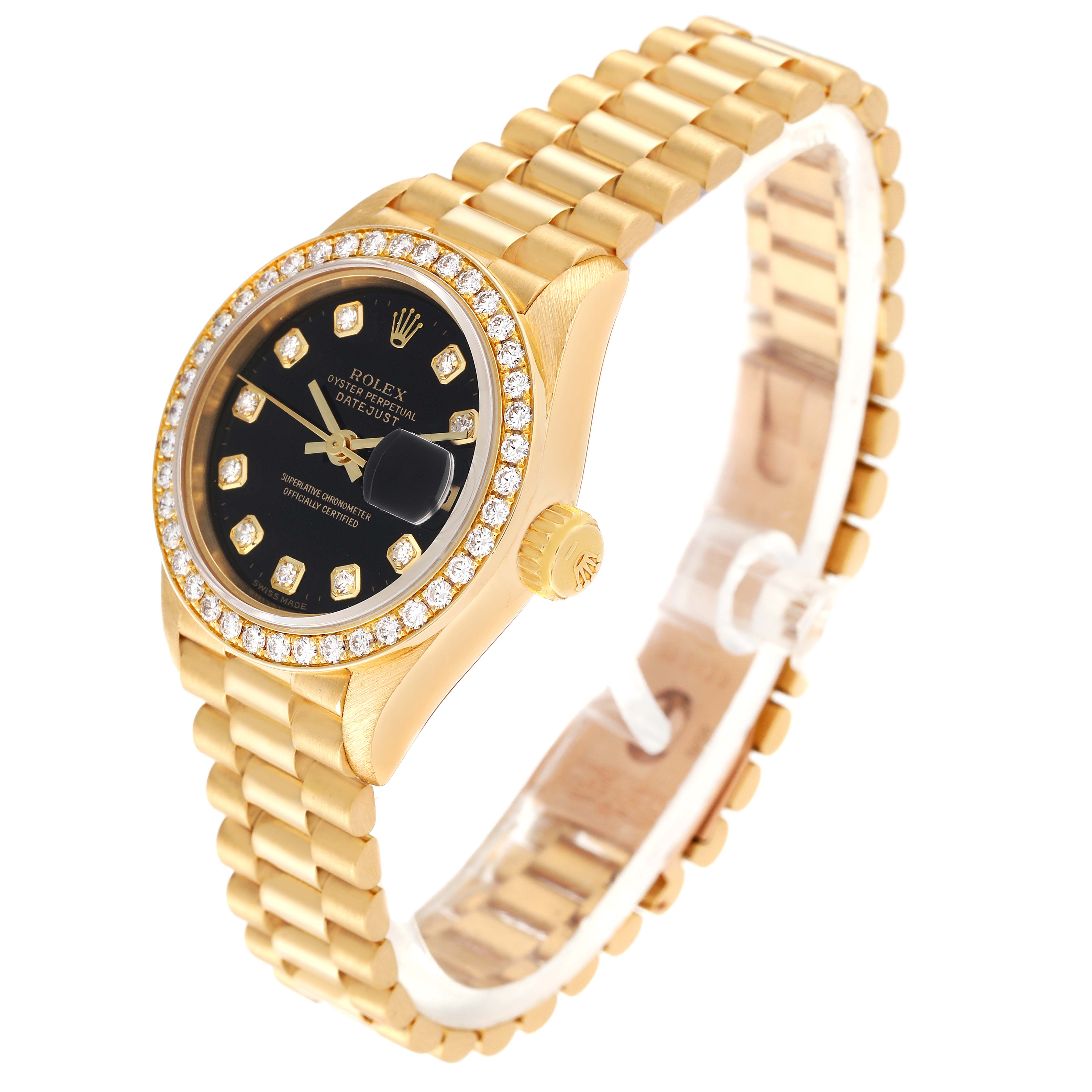 The Rolex President 69138 Women's Yellow Gold Black Dial 69138 Women's Yellow Gold Black Dial model watch is shown at an angled view displaying its gold band, black dial, and diamond bezel.