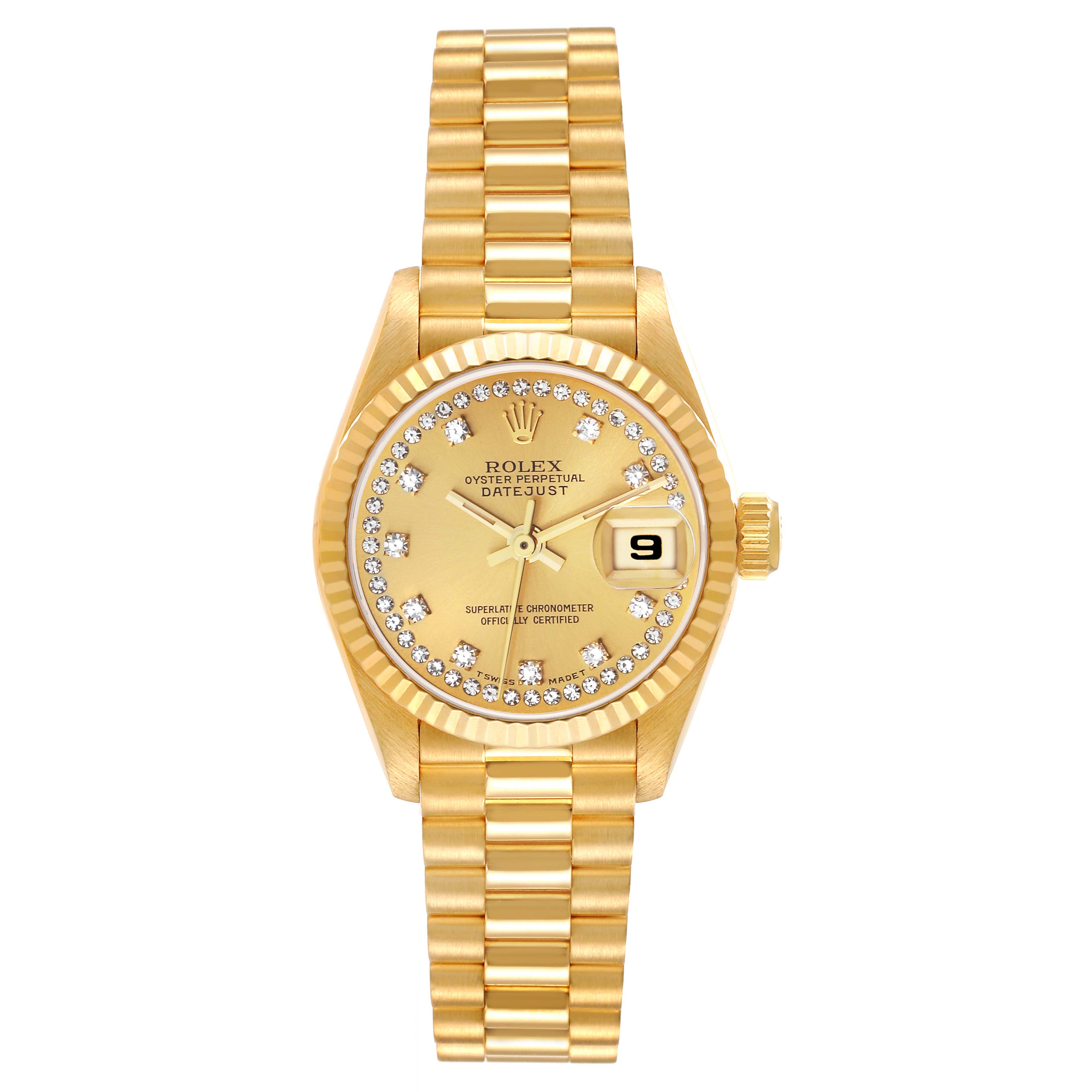 This image shows a front view of the Rolex President 69178 Women
s Yellow Gold Champagne Dial 69178 Women
s Yellow Gold Champagne Dial model watch with a gold bracelet and diamond-encrusted face.