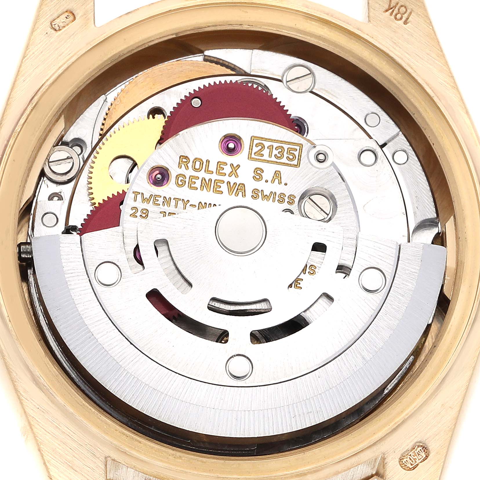 The image shows the inner mechanical movement of a Rolex President 69178 Women
s Yellow Gold Champagne Dial 69178 Women
s Yellow Gold Champagne Dial model watch from a close-up, rear angle.
