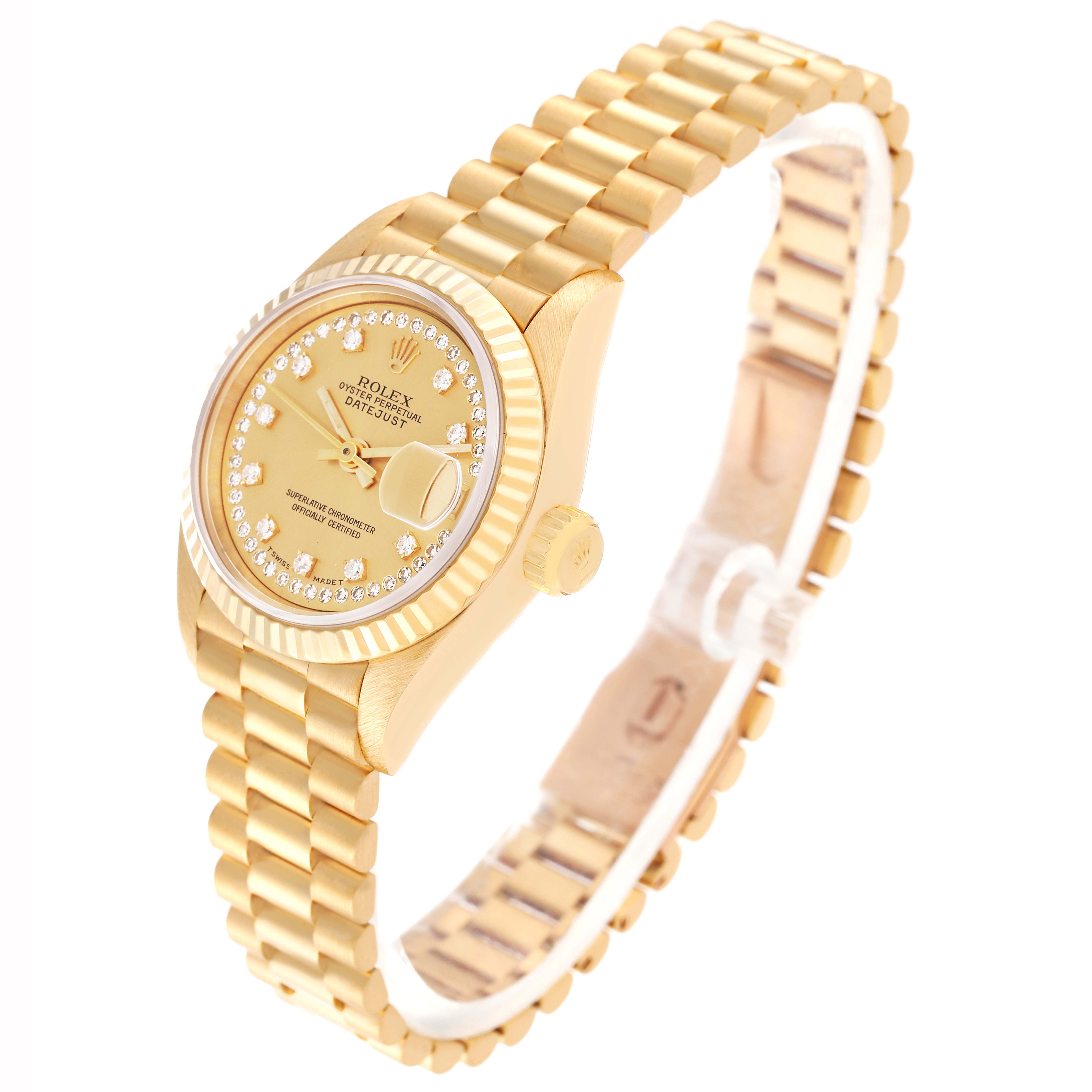 The Rolex President 69178 Women
s Yellow Gold Champagne Dial 69178 Women
s Yellow Gold Champagne Dial model watch is shown at a high angle, showcasing its gold bracelet, case, crown, and dial with diamond markers.
