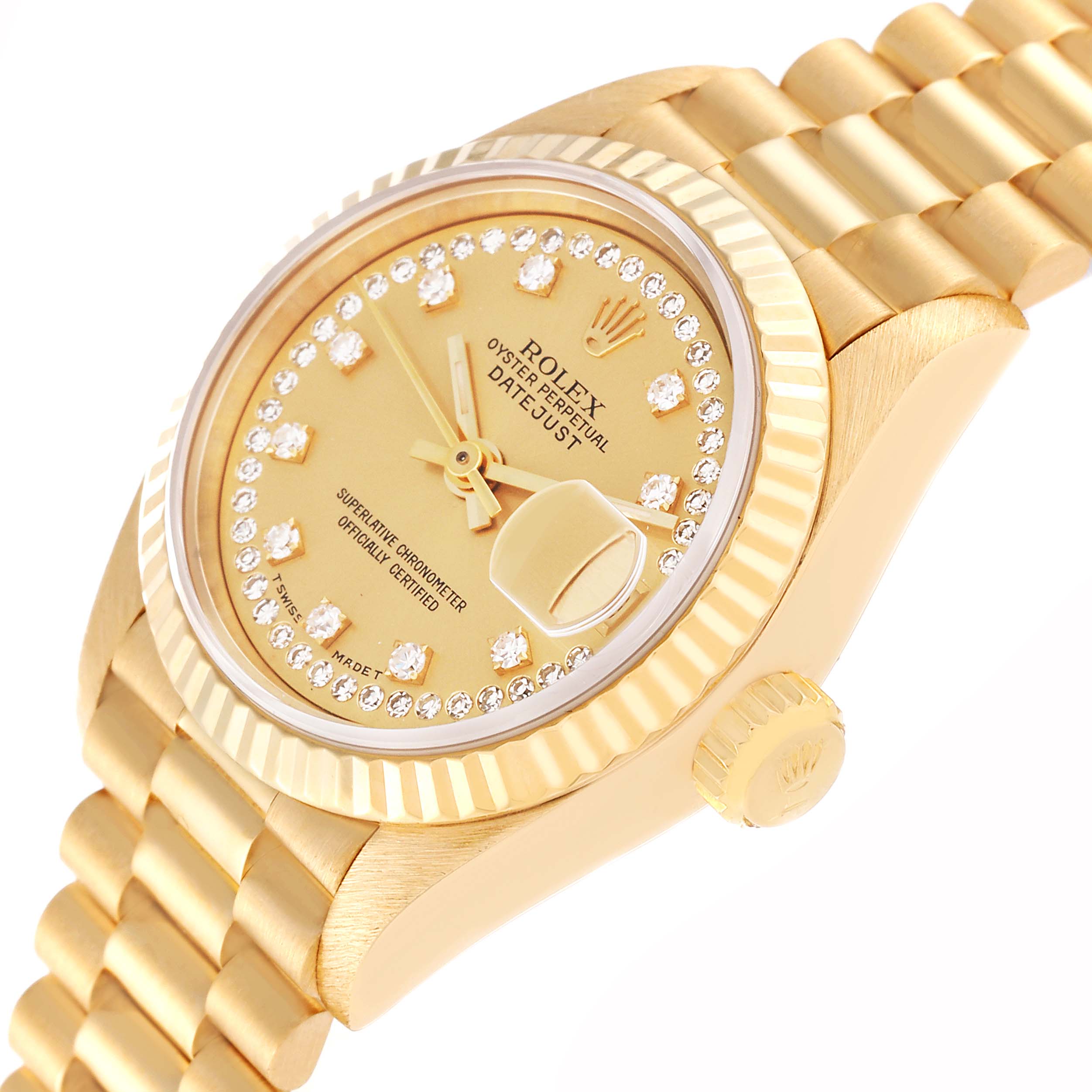 The image shows a close-up angled view of the Rolex President 69178 Women
s Yellow Gold Champagne Dial 69178 Women
s Yellow Gold Champagne Dial Datejust watch, highlighting the dial, bezel, and part of the bracelet.