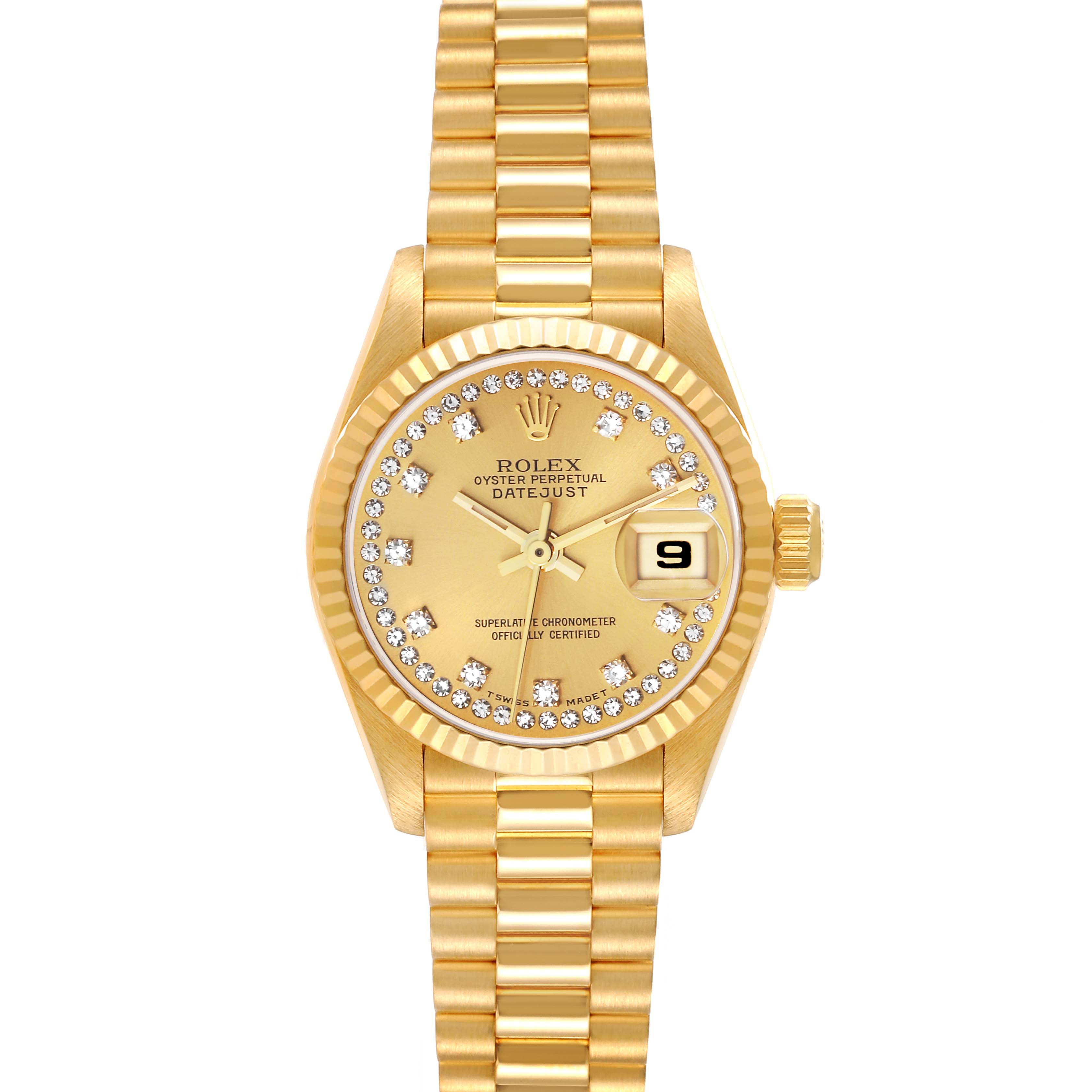 The image shows a front, top-down view of the Rolex President 69178 Women
s Yellow Gold Champagne Dial 69178 Women
s Yellow Gold Champagne Dial model watch, highlighting its gold bracelet, diamond bezel, and date display.