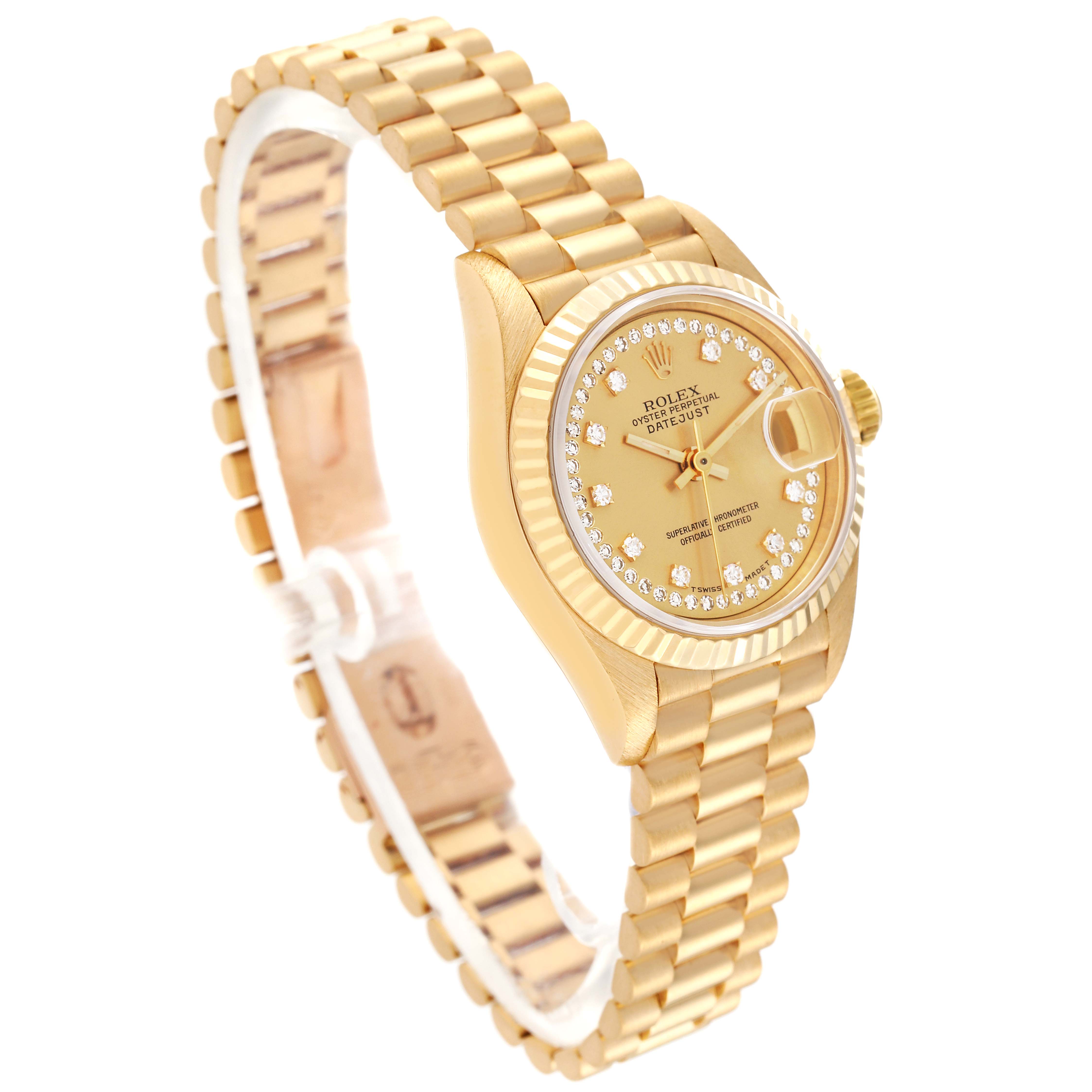 The Rolex President 69178 Women
s Yellow Gold Champagne Dial 69178 Women
s Yellow Gold Champagne Dial model watch is shown from an angled side view, highlighting the gold casing, diamond-studded dial, and bracelet.