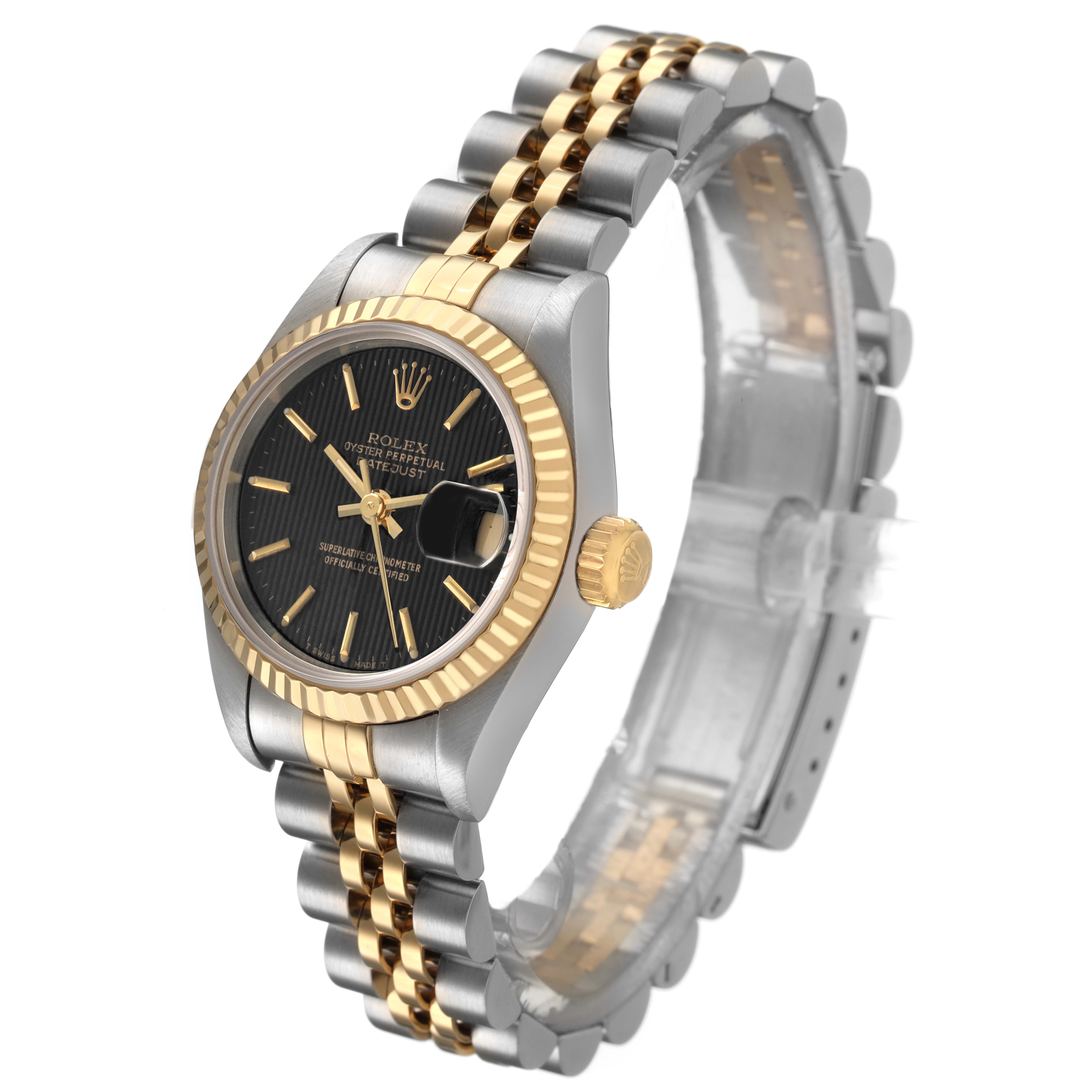 The Rolex Datejust 69173 Women's Steel and Gold (two tone) Black Dial watch is shown at a three-quarter angle, highlighting its black dial, fluted bezel, and Jubilee bracelet.