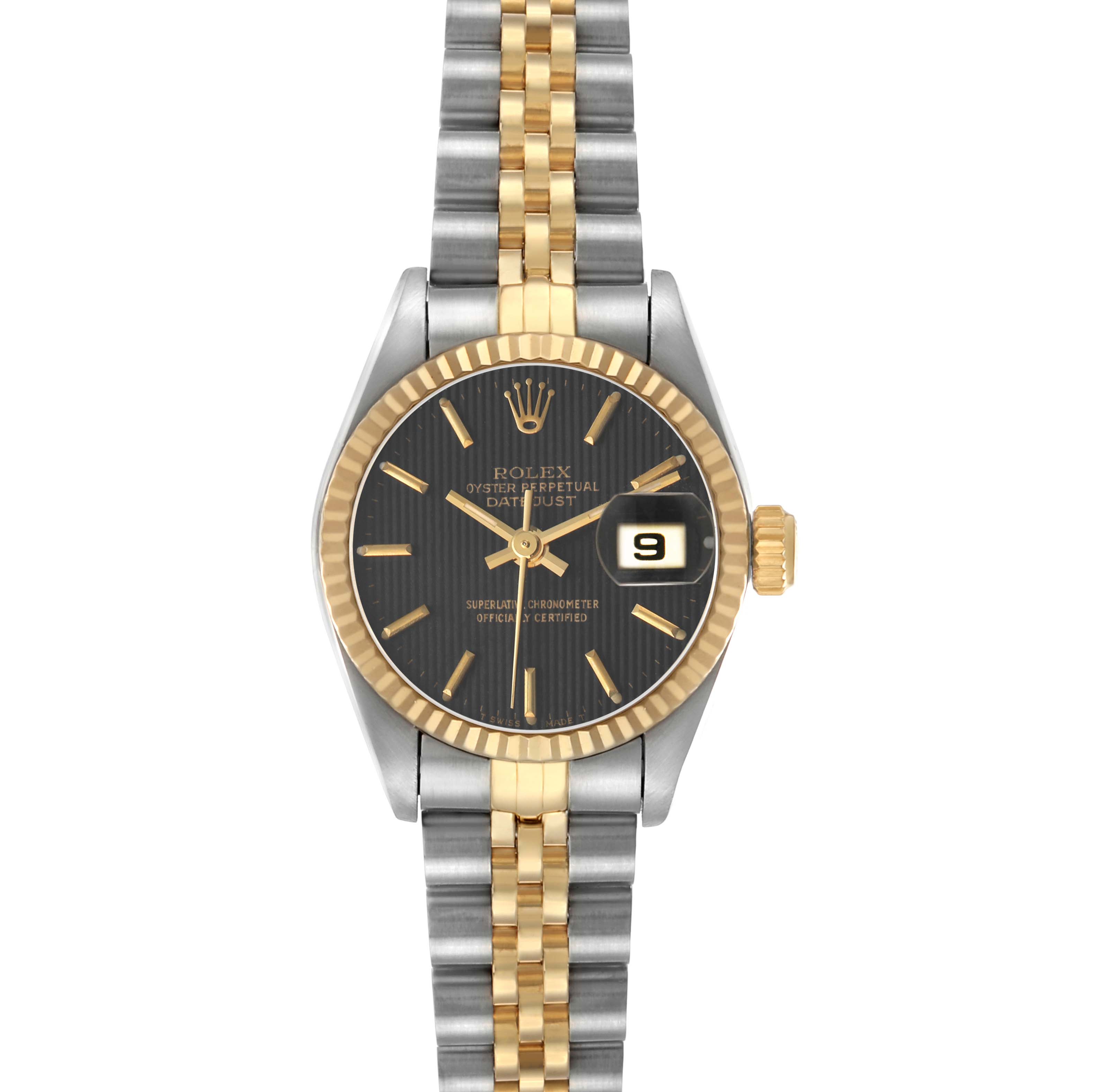The Rolex Datejust 69173 Women's Steel and Gold (two tone) Black Dial watch is shown from a front angle, displaying the dial, bezel, bracelet, and date window.