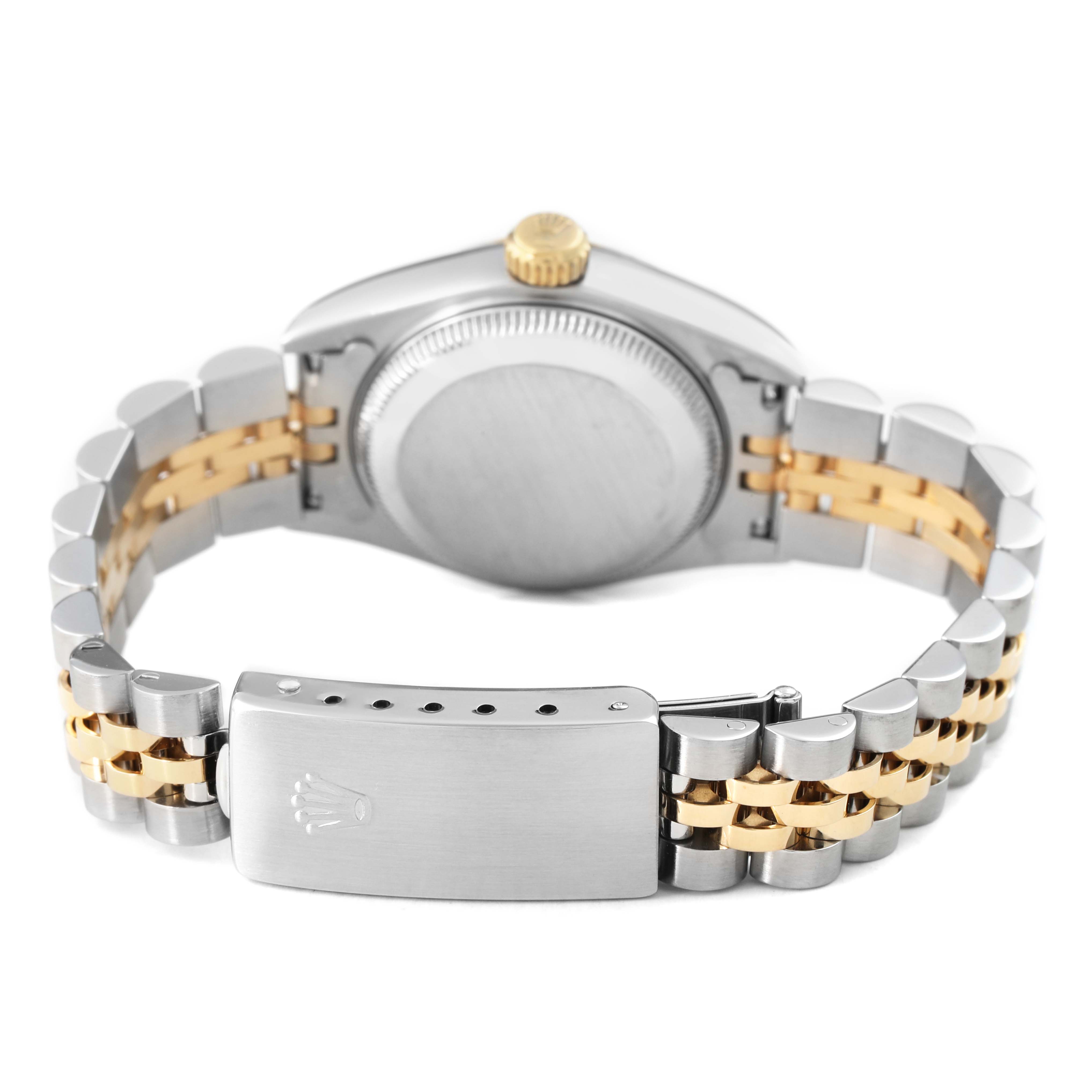 The image shows a Rolex Datejust 69173 Women's Steel and Gold (two tone) Black Dial watch from the back, highlighting the case, crown, and two-tone bracelet with clasp.