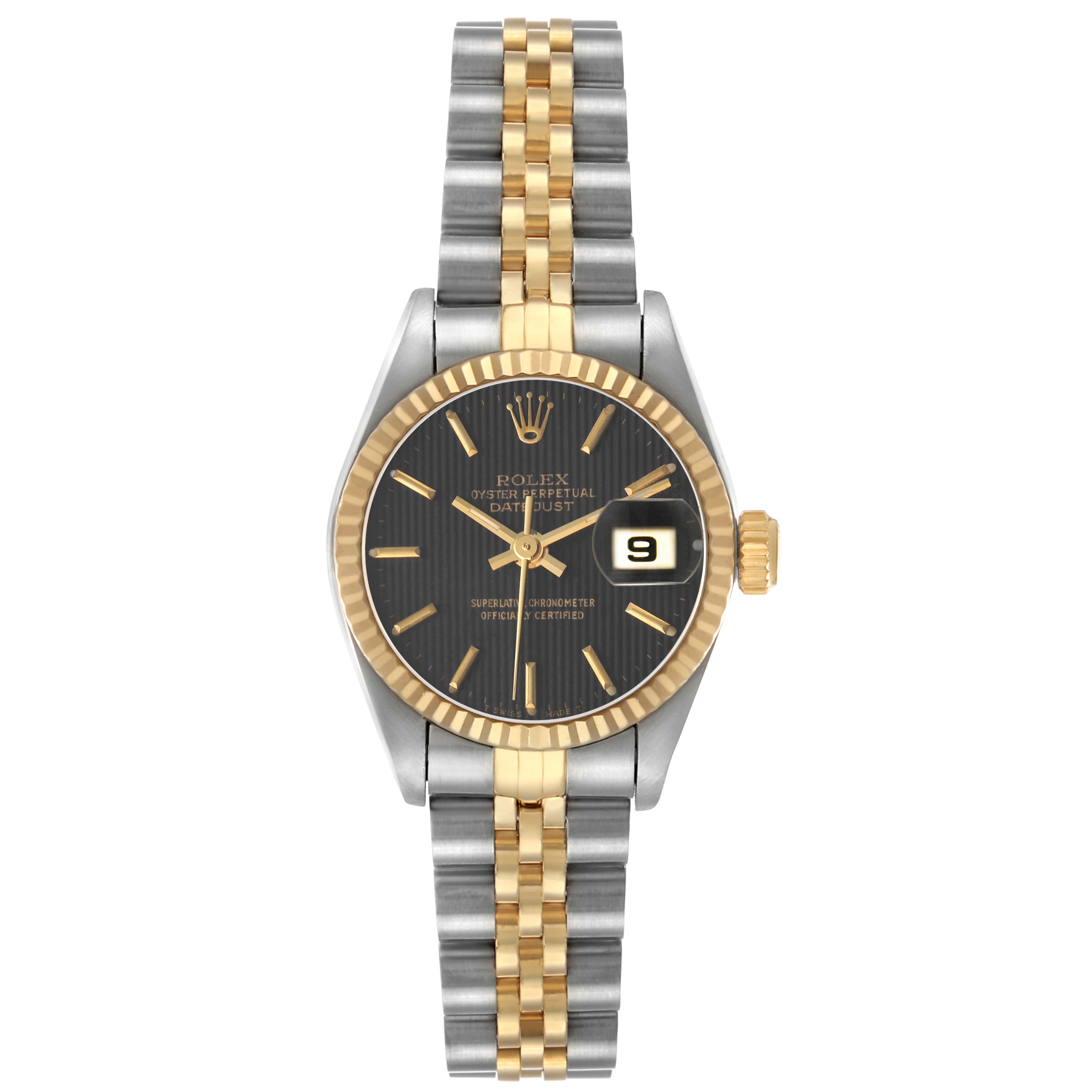 The Rolex Datejust 69173 Women's Steel and Gold (two tone) Black Dial watch is shown from a direct top view, highlighting the face, bezel, and bracelet.