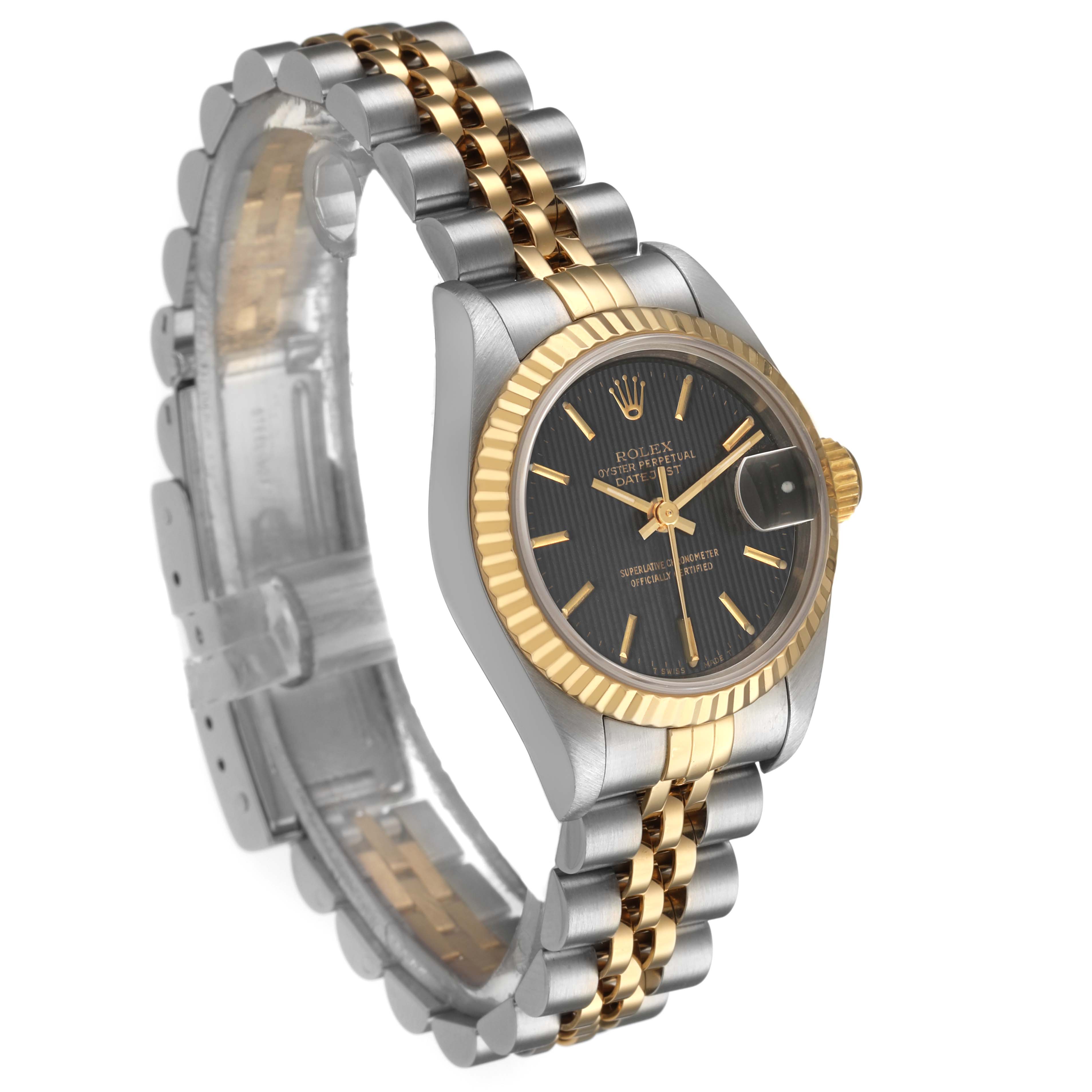 The Rolex Datejust 69173 Women's Steel and Gold (two tone) Black Dial watch is shown at a three-quarter angle highlighting the face, bezel, and part of the bracelet.