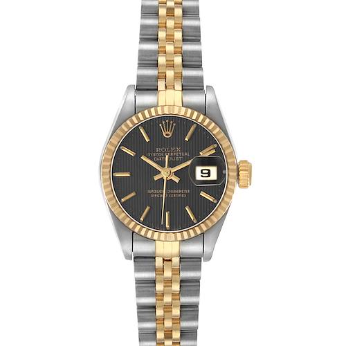 The image shows a front view of a Rolex Datejust 69173 Women's Steel and Gold (two tone) Black Dial watch, highlighting its dial, bezel, and bracelet.