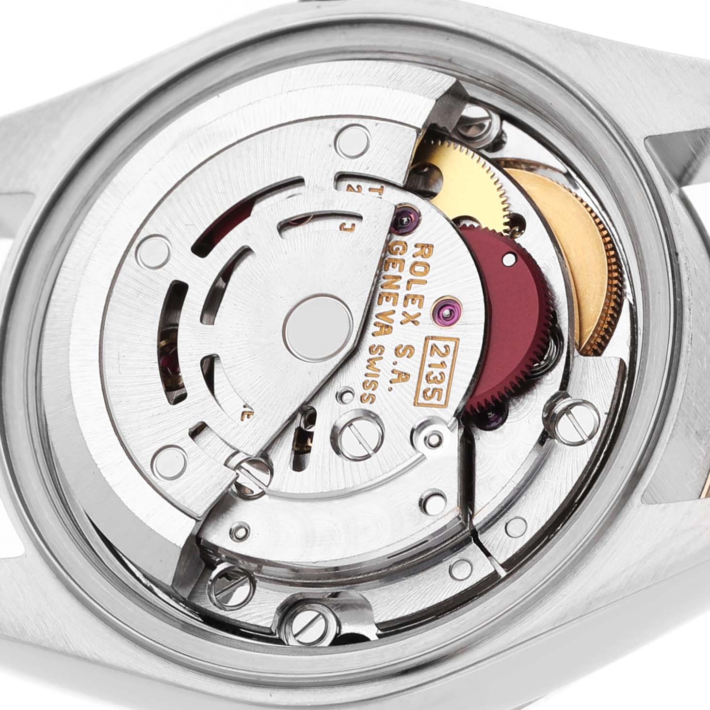 The image shows the movement of a Rolex Datejust 69173 Women's Steel and Gold (two tone) Black Dial watch from the back, highlighting its intricate mechanical components.