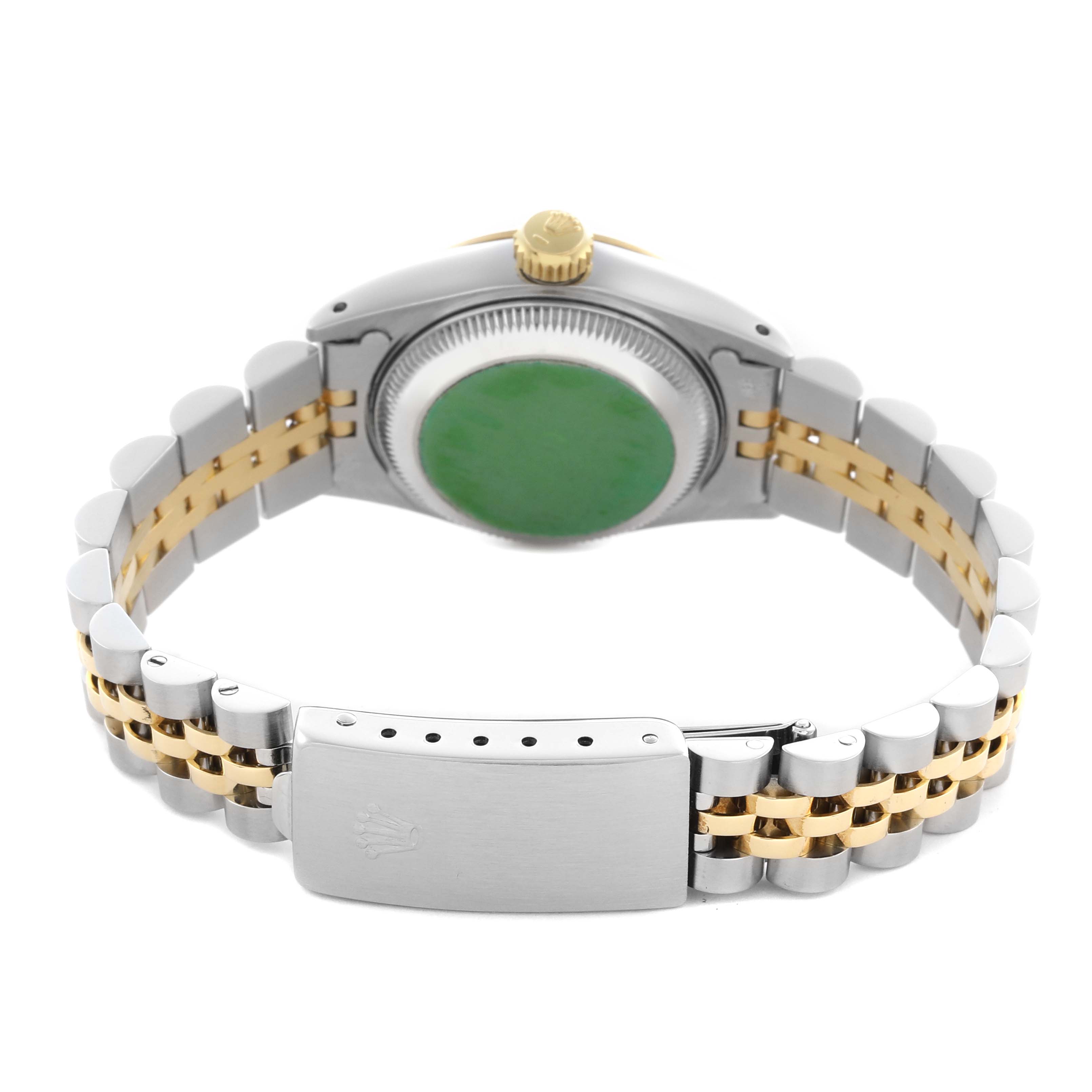 The image shows the back view of a Rolex Datejust 69173 Women's Steel and Gold (two tone) Champagne Dial 69173 Women's Steel and Gold (two tone) Champagne Dial, featuring the clasp, bracelet, case back, and crown.