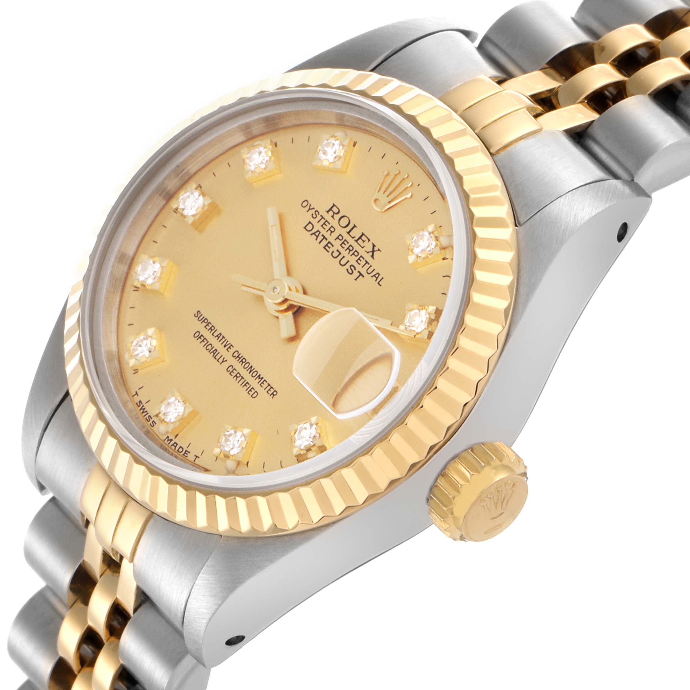 The Rolex Datejust 69173 Women's Steel and Gold (two tone) Champagne Dial 69173 Women's Steel and Gold (two tone) Champagne Dial watch is shown at a slight angle, highlighting the gold and silver-tone case, dial, crown, and Jubilee bracelet.