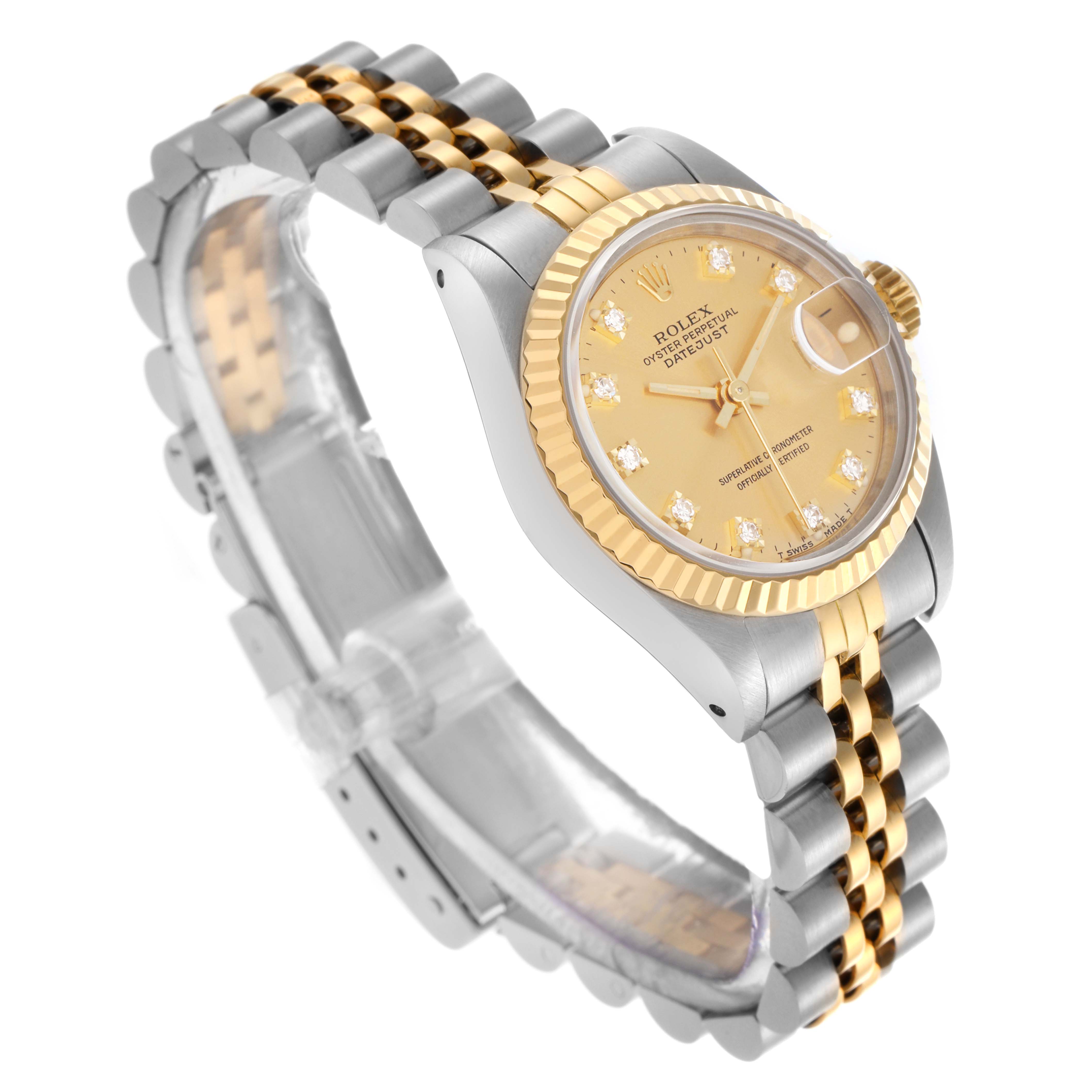The Rolex Datejust 69173 Women's Steel and Gold (two tone) Champagne Dial 69173 Women's Steel and Gold (two tone) Champagne Dial is shown at a slight angle highlighting the dial, bezel, and two-tone bracelet.