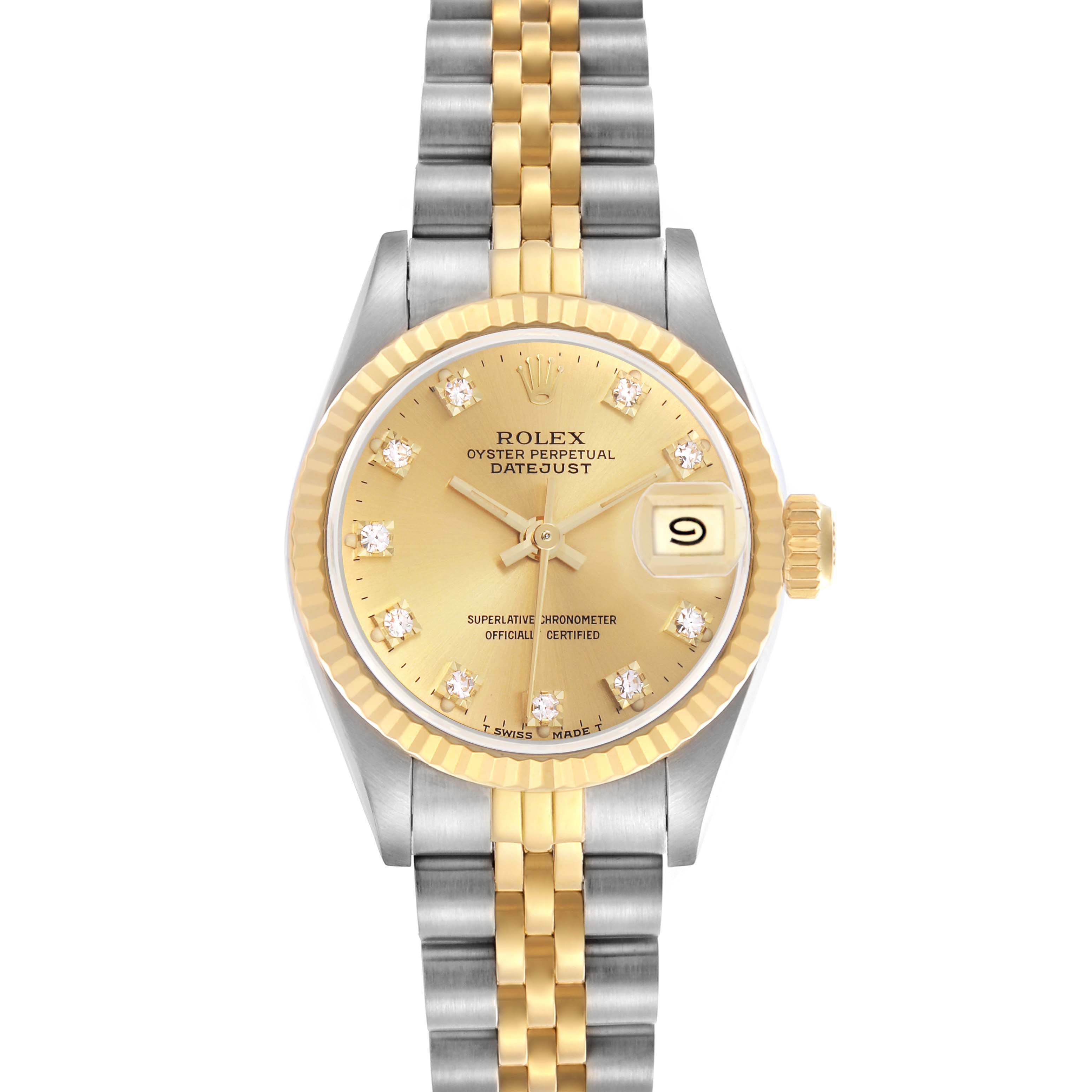 The Rolex Datejust 69173 Women's Steel and Gold (two tone) Champagne Dial 69173 Women's Steel and Gold (two tone) Champagne Dial watch is shown from a top-down angle, highlighting the dial, bezel, and two-tone bracelet.