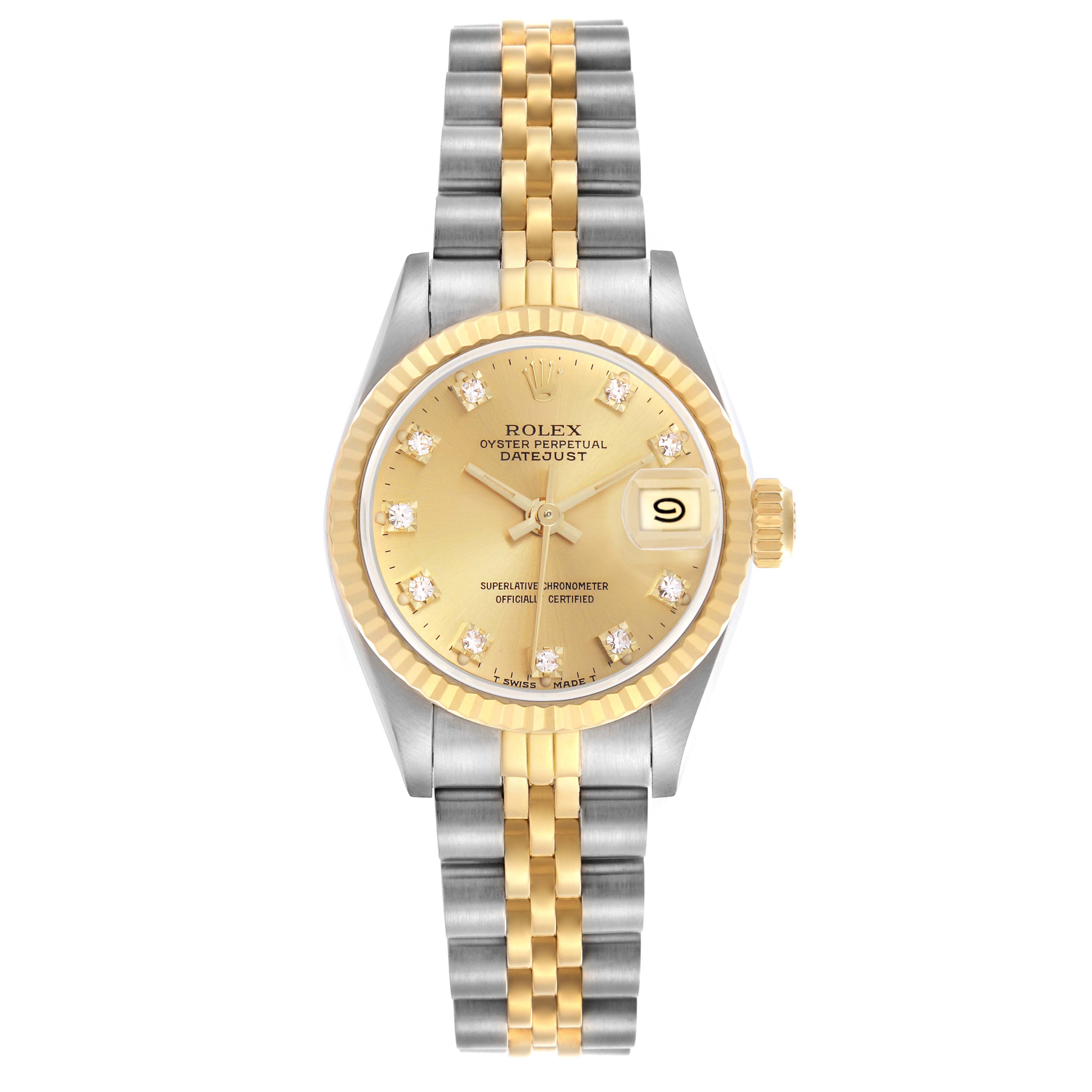 The Rolex Datejust 69173 Women's Steel and Gold (two tone) Champagne Dial 69173 Women's Steel and Gold (two tone) Champagne Dial watch is shown from a top-down angle, highlighting the dial, bezel, and two-tone bracelet.