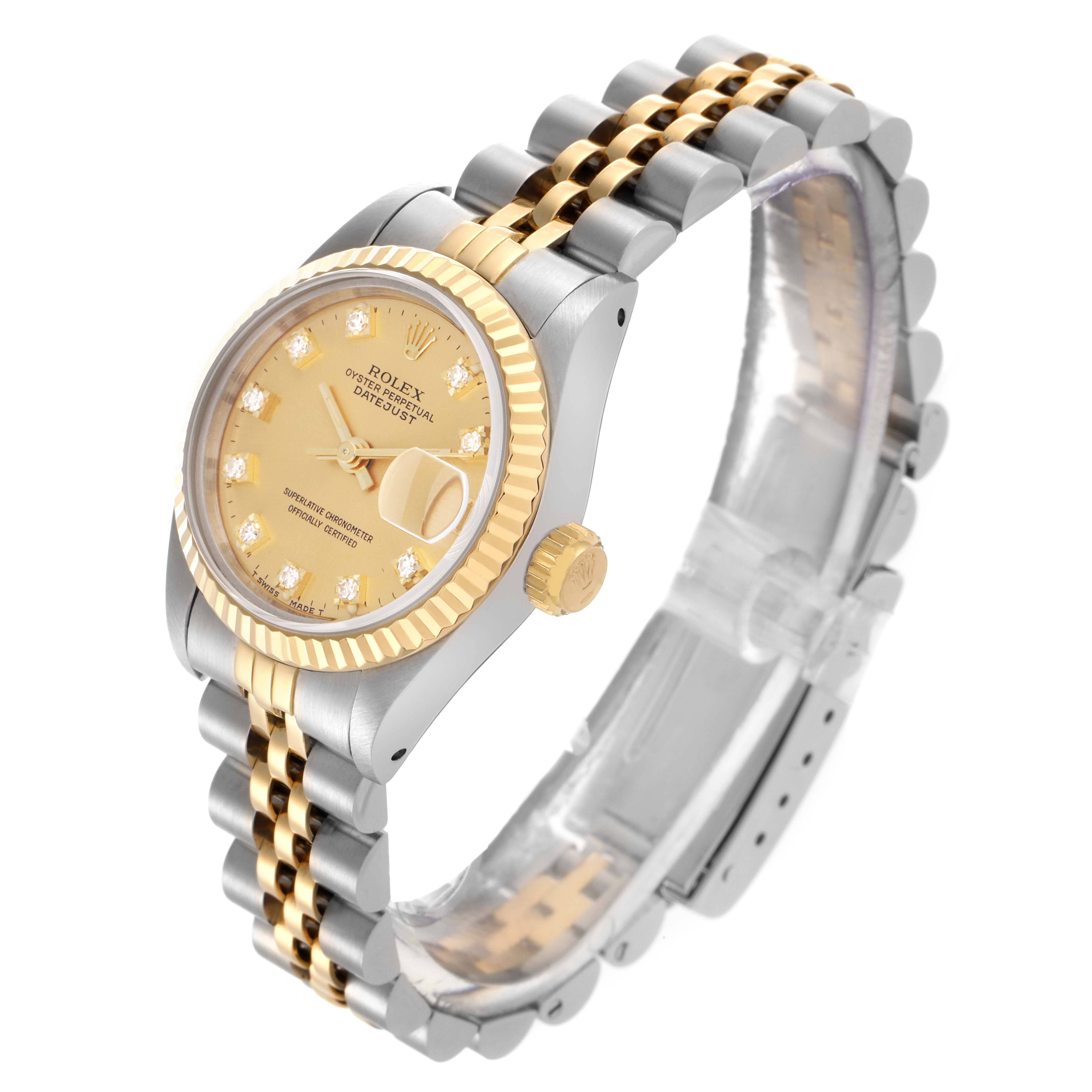 The Rolex Datejust 69173 Women's Steel and Gold (two tone) Champagne Dial 69173 Women's Steel and Gold (two tone) Champagne Dial watch is shown at an angled side view, highlighting the gold and silver bracelet, bezel, and crown.