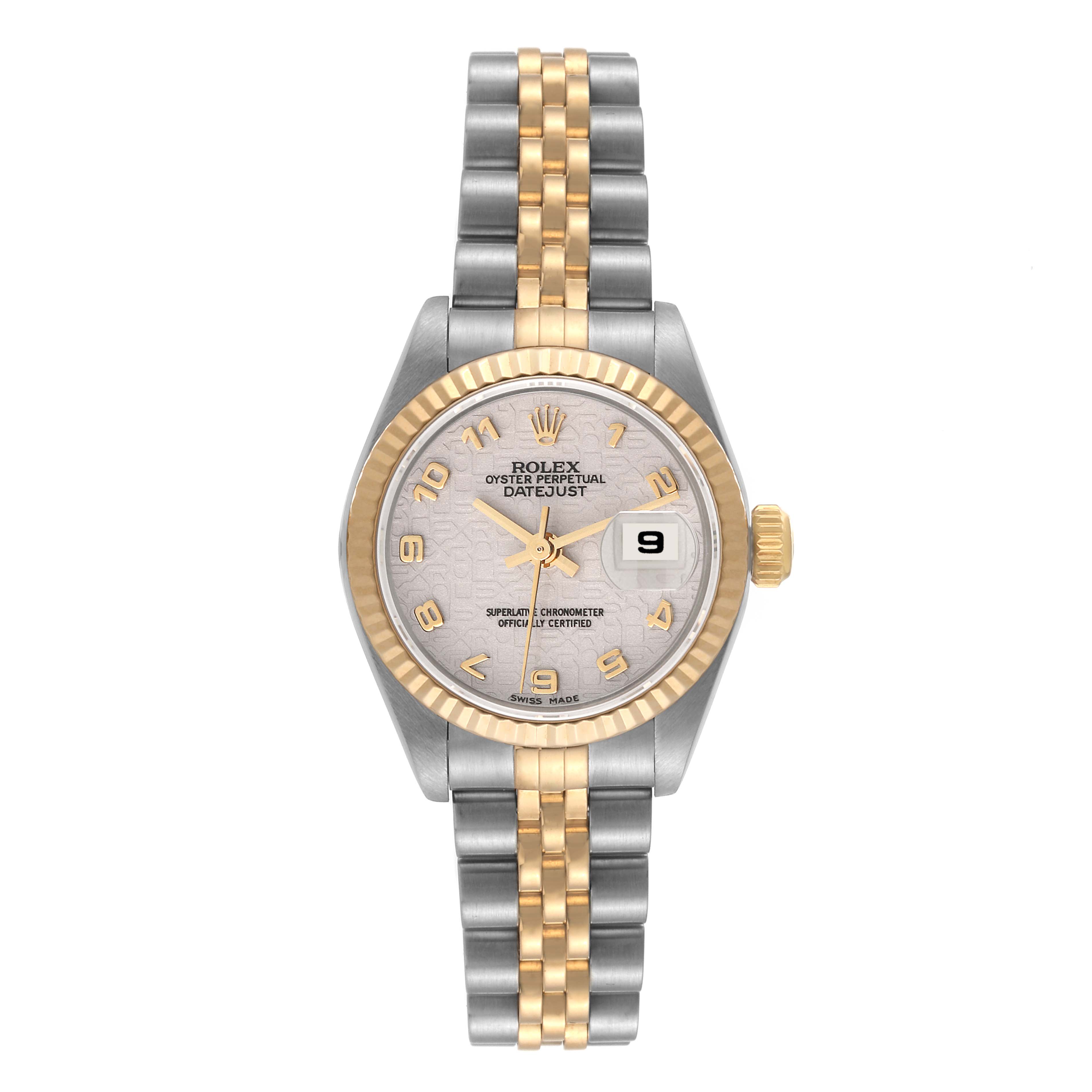 The image shows a Rolex Datejust 79173 Women's Steel and Gold (two tone) Beige Dial 79173 Women's Steel and Gold (two tone) Beige Dial watch from a front angle, highlighting the dial, bezel, and two-tone bracelet.