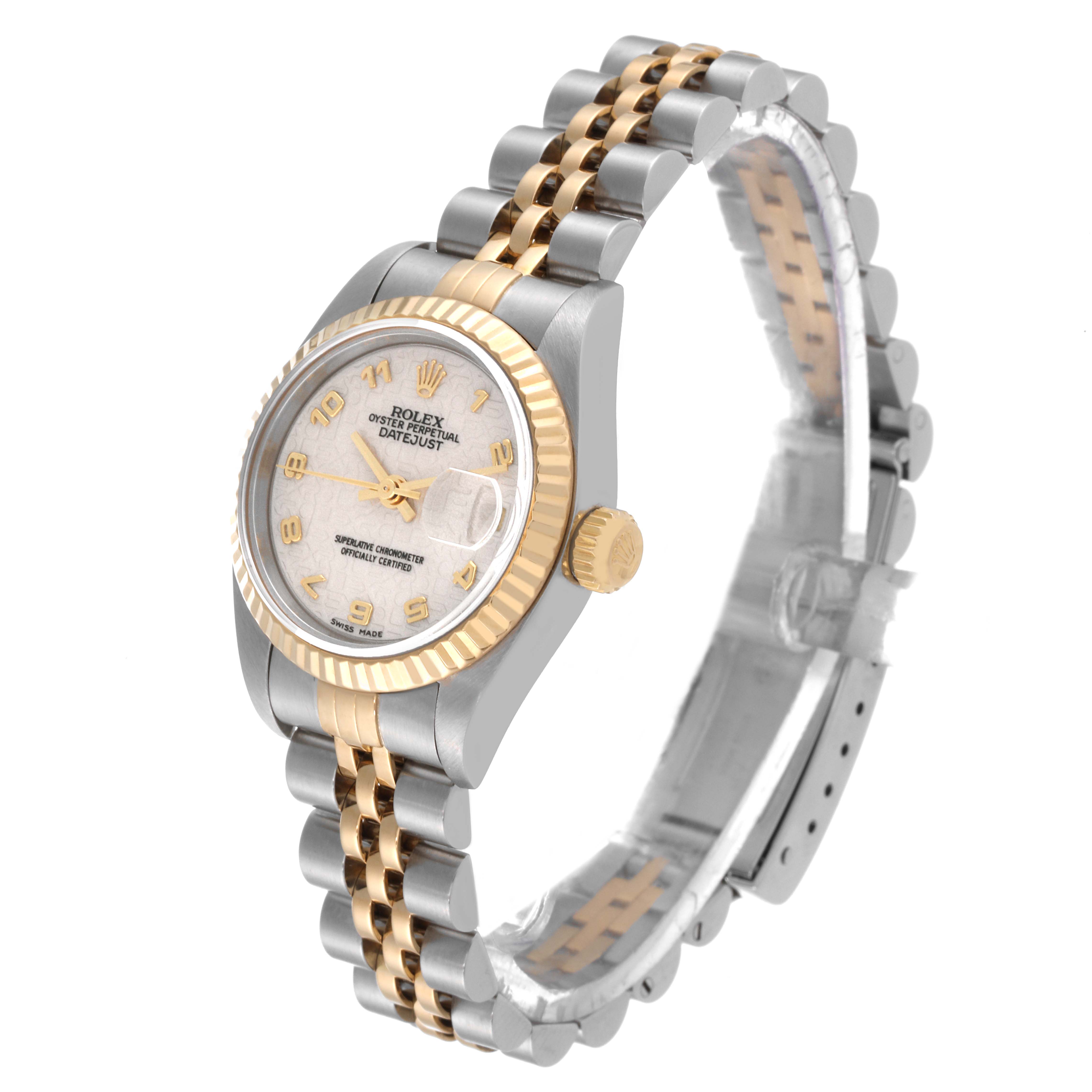 The Rolex Datejust 79173 Women's Steel and Gold (two tone) Beige Dial 79173 Women's Steel and Gold (two tone) Beige Dial model watch is shown at a three-quarter angle, displaying the face, bracelet, bezel, and crown.