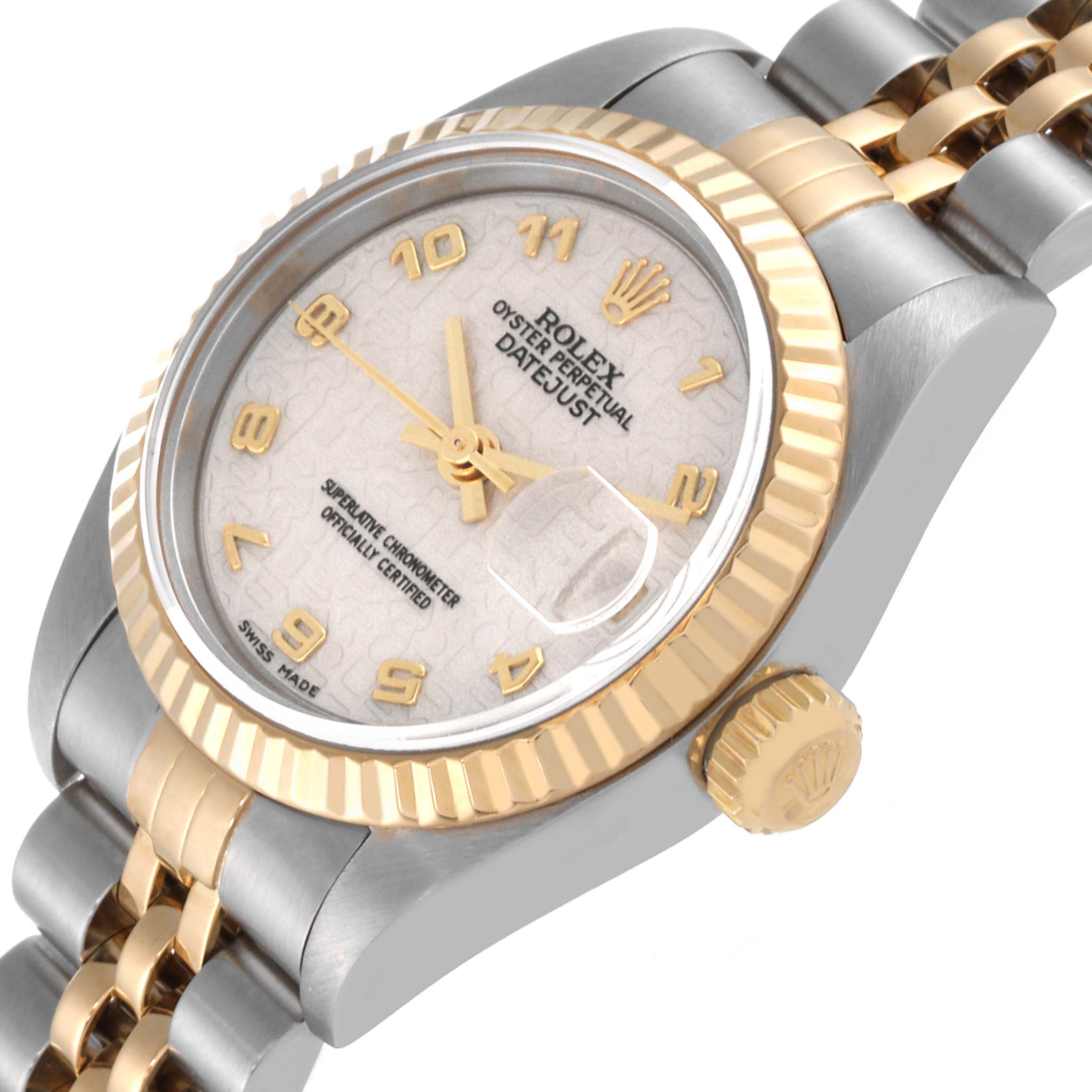 The image shows a Rolex Datejust 79173 Women's Steel and Gold (two tone) Beige Dial 79173 Women's Steel and Gold (two tone) Beige Dial watch from an angled perspective, displaying the dial, bezel, part of the bracelet, and crown.