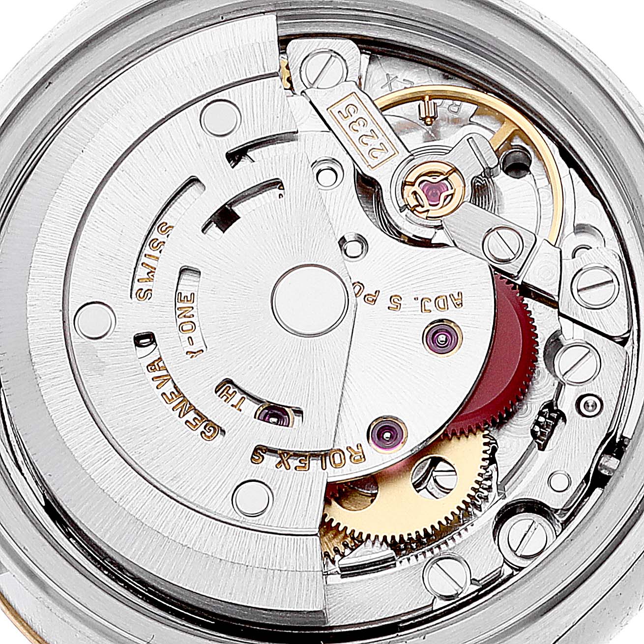 This image displays the intricate inner mechanical movement of a Rolex Datejust 79173 Women's Steel and Gold (two tone) Beige Dial 79173 Women's Steel and Gold (two tone) Beige Dial watch from a top-down angle.