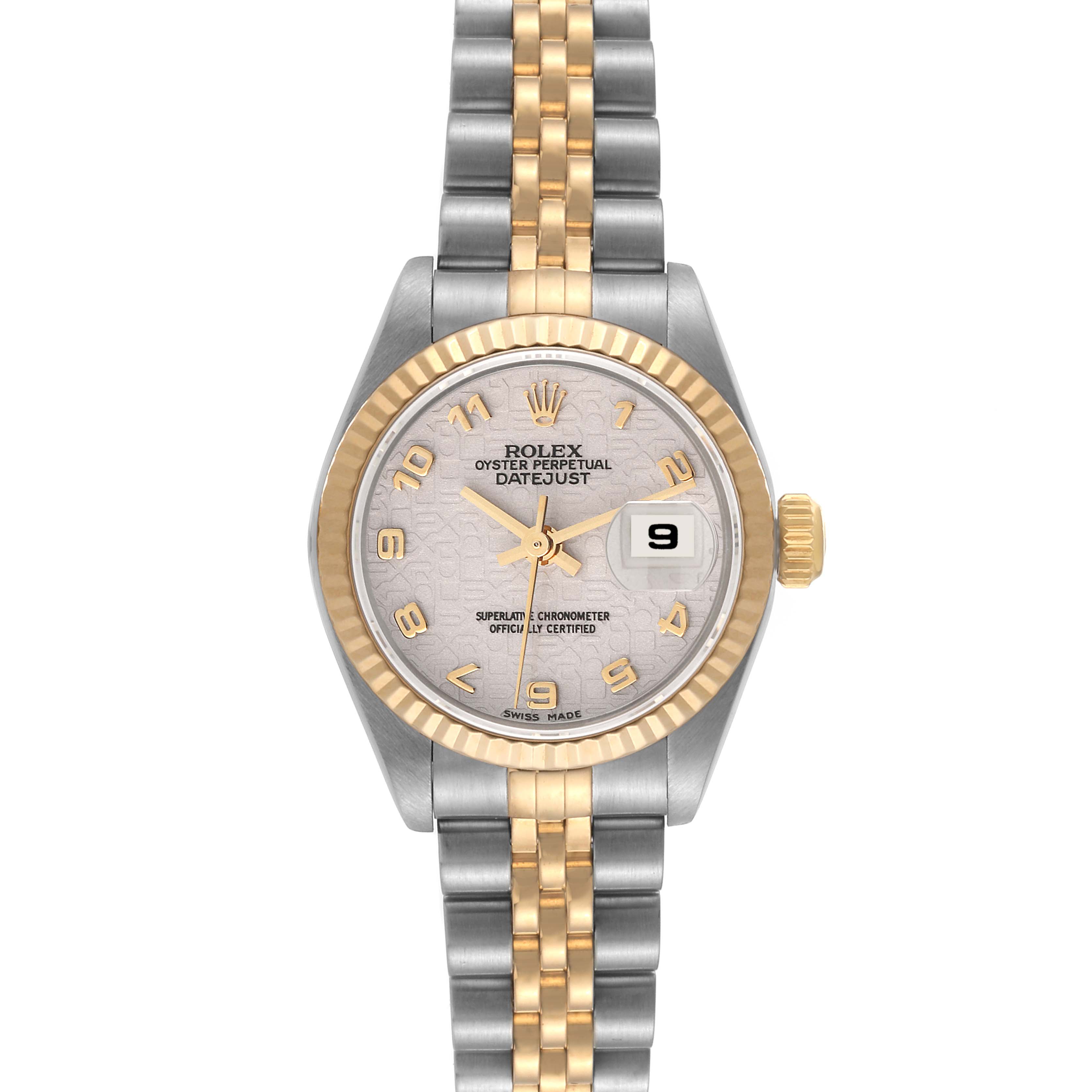 This image shows the Rolex Datejust 79173 Women's Steel and Gold (two tone) Beige Dial 79173 Women's Steel and Gold (two tone) Beige Dial watch from a straight-on angle, highlighting the dial, bezel, and bracelet.