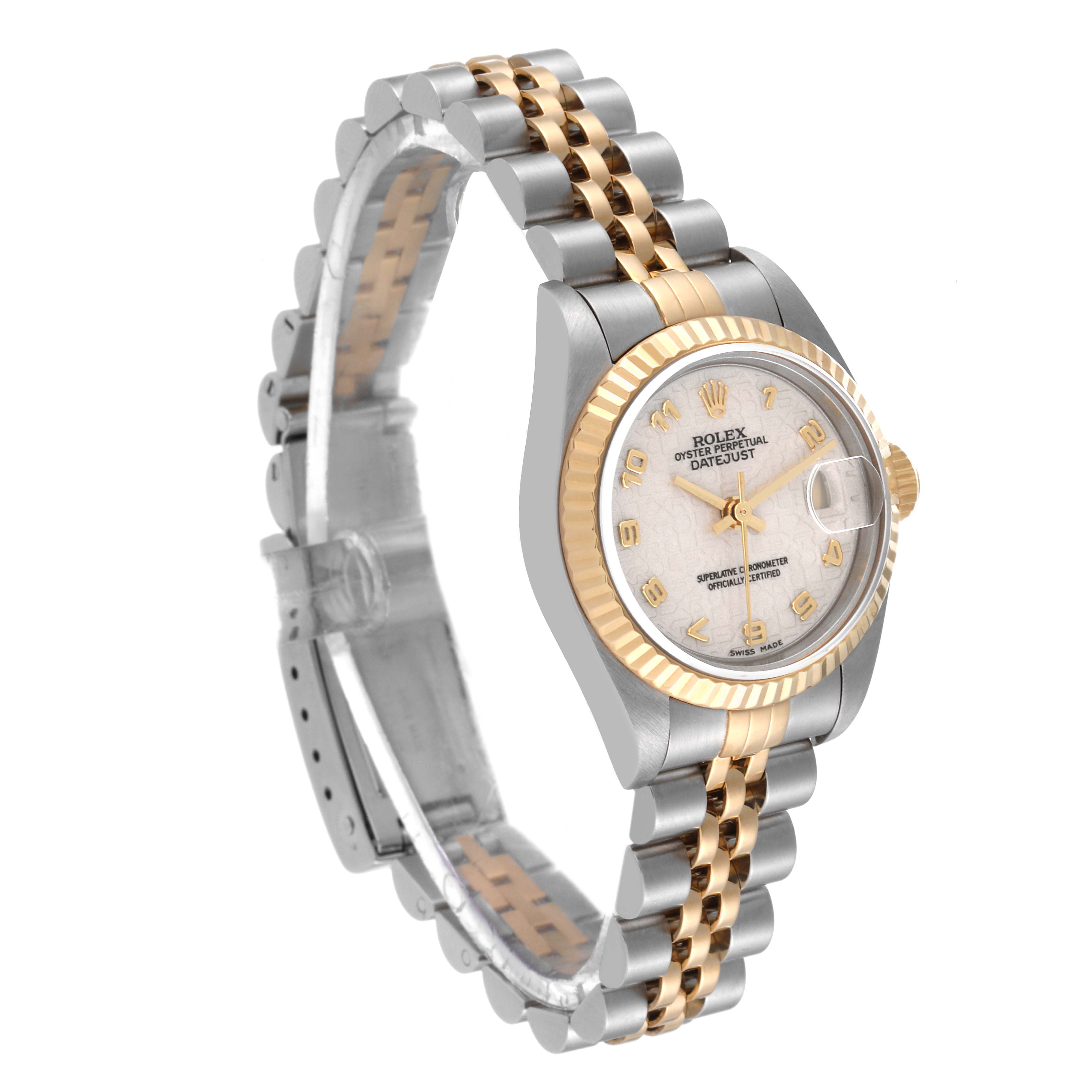The Rolex Datejust 79173 Women's Steel and Gold (two tone) Beige Dial 79173 Women's Steel and Gold (two tone) Beige Dial watch is shown at a slight angle, highlighting the face, bezel, and two-tone bracelet.