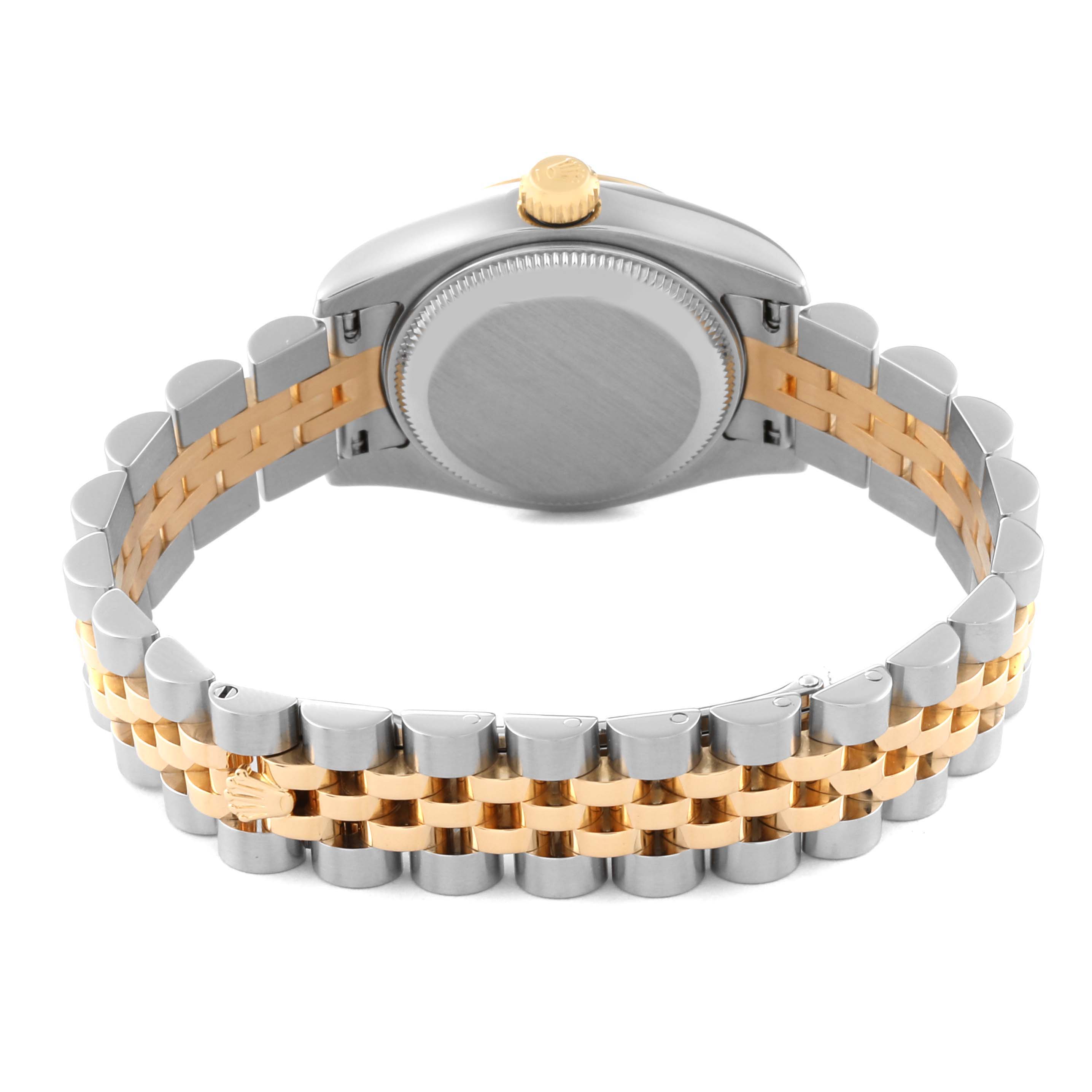 The image shows the back of a Rolex Datejust 179173 Women's Steel and Gold (two tone) Grey Dial 179173 Women's Steel and Gold (two tone) Grey Dial watch with a two-tone steel and gold bracelet.