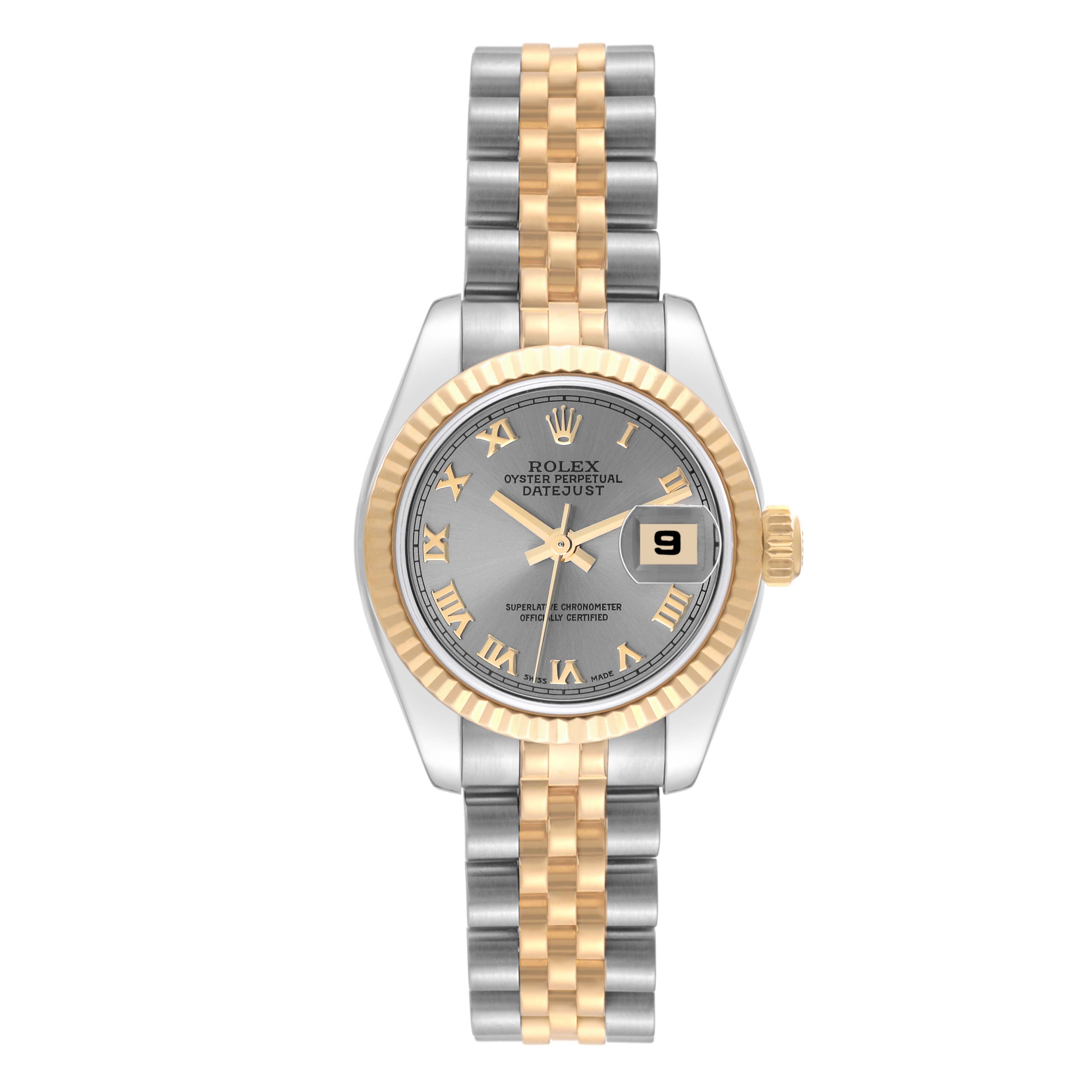 The image shows a Rolex Datejust 179173 Women's Steel and Gold (two tone) Grey Dial 179173 Women's Steel and Gold (two tone) Grey Dial watch from a front angle, highlighting the dial, bezel, and two-tone bracelet.