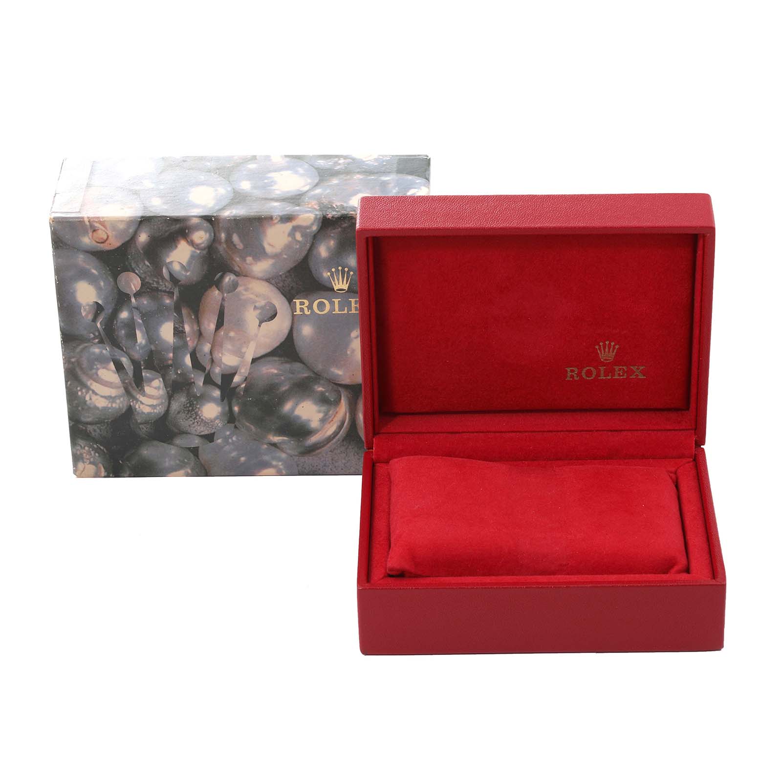 The image shows an open red Rolex watch box with a cushion and a decorative outer box next to it for the Datejust model.