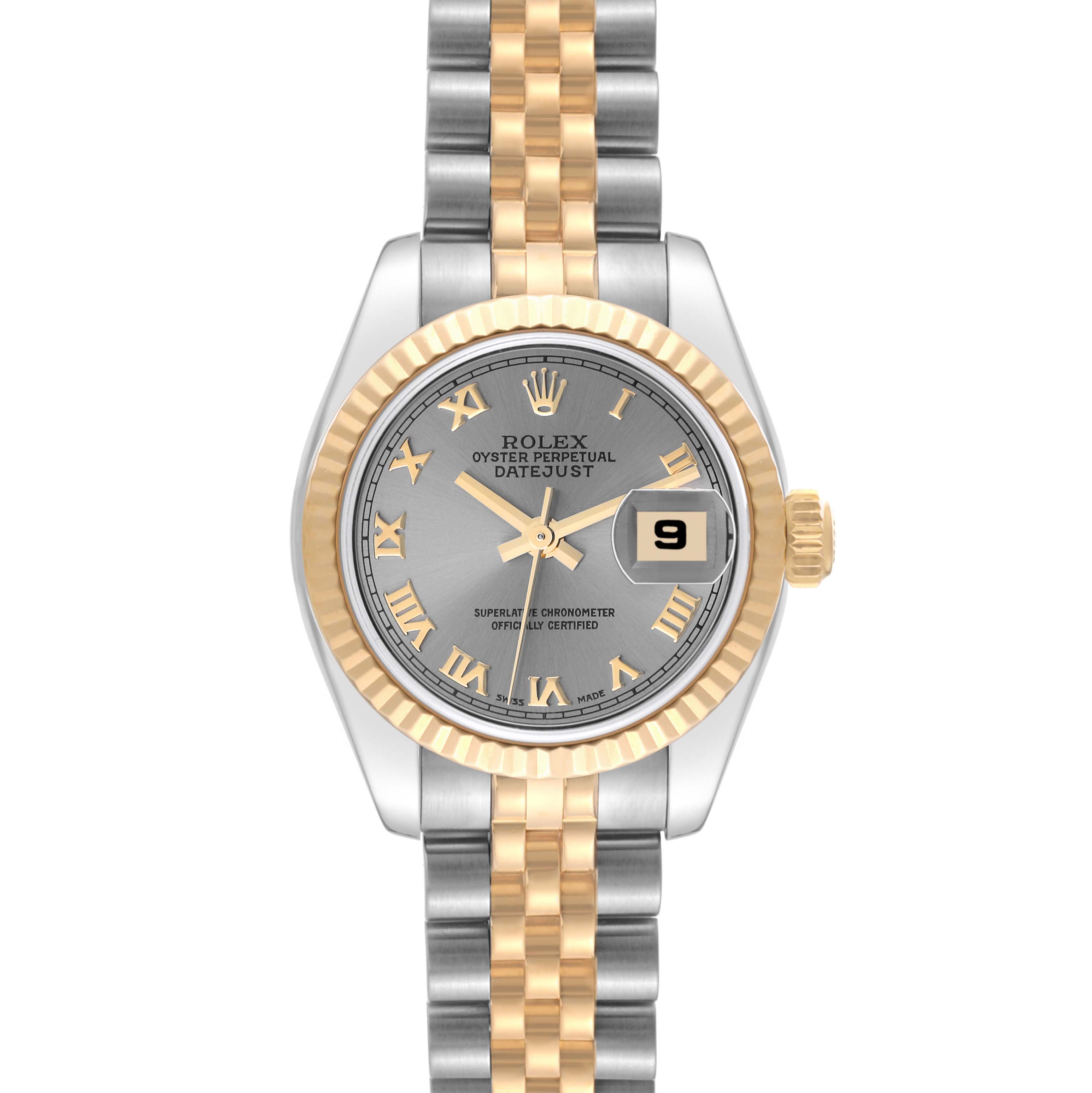 The image shows a front view of a Rolex Datejust 179173 Women's Steel and Gold (two tone) Grey Dial 179173 Women's Steel and Gold (two tone) Grey Dial watch displaying its dial, bezel, and bracelet.
