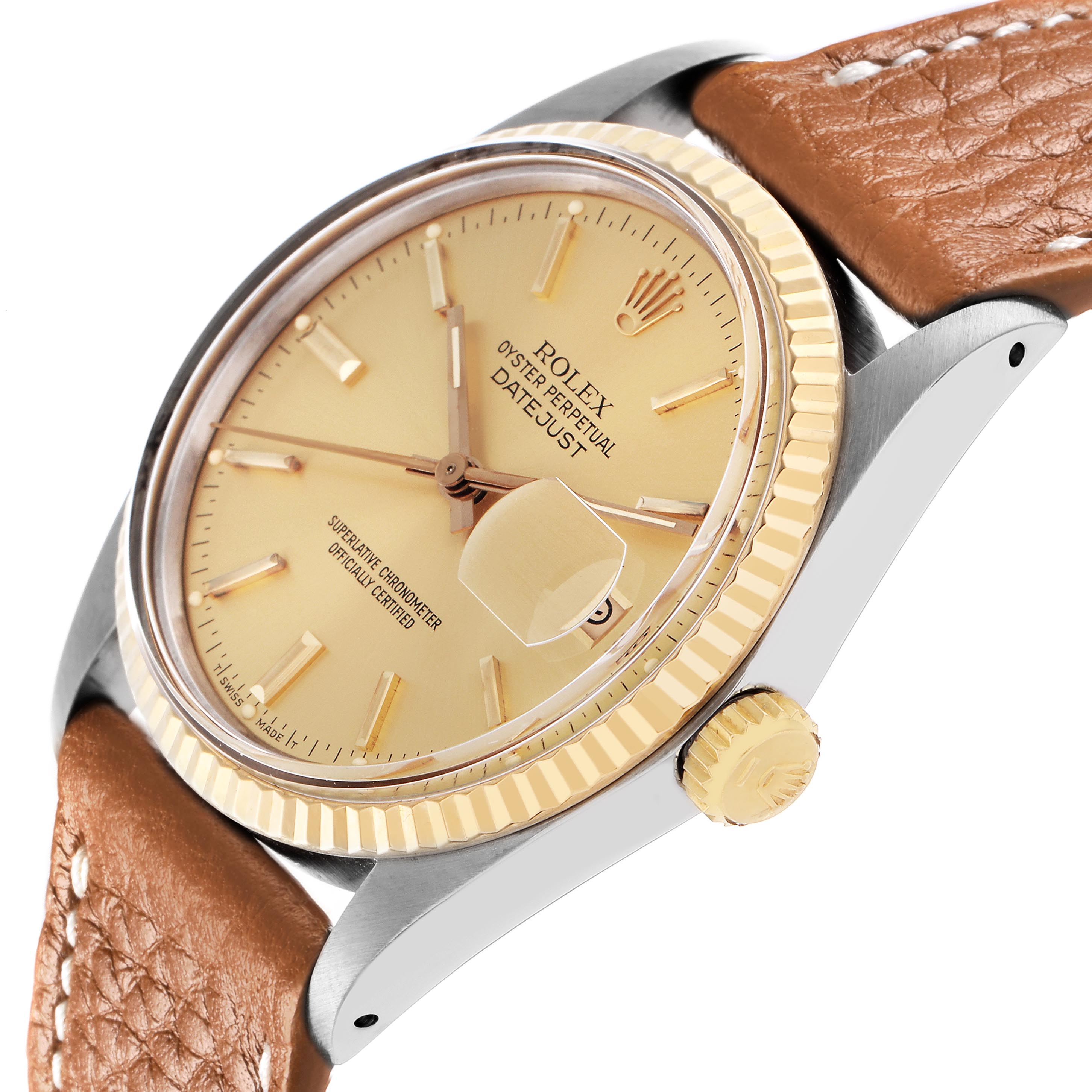 The Rolex Datejust 16013 Men's Steel and Gold (two tone) Champagne Dial 16013 Men's Steel and Gold (two tone) Champagne Dial watch is shown at an angled close-up view, highlighting the face, crown, bezel, and part of the brown leather strap.