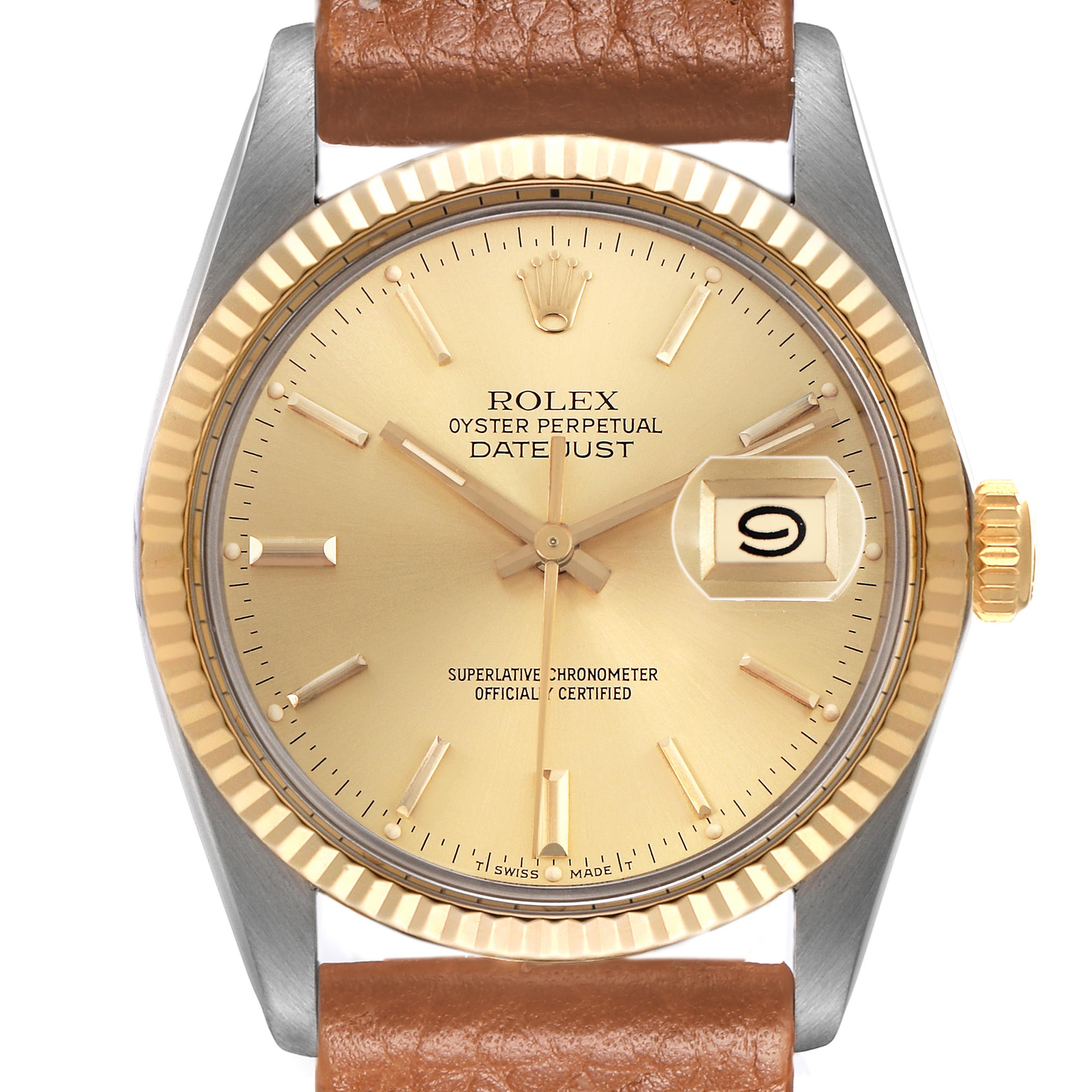 The Rolex Datejust 16013 Men's Steel and Gold (two tone) Champagne Dial 16013 Men's Steel and Gold (two tone) Champagne Dial is shown from a front view, highlighting its gold dial, fluted bezel, and leather strap.