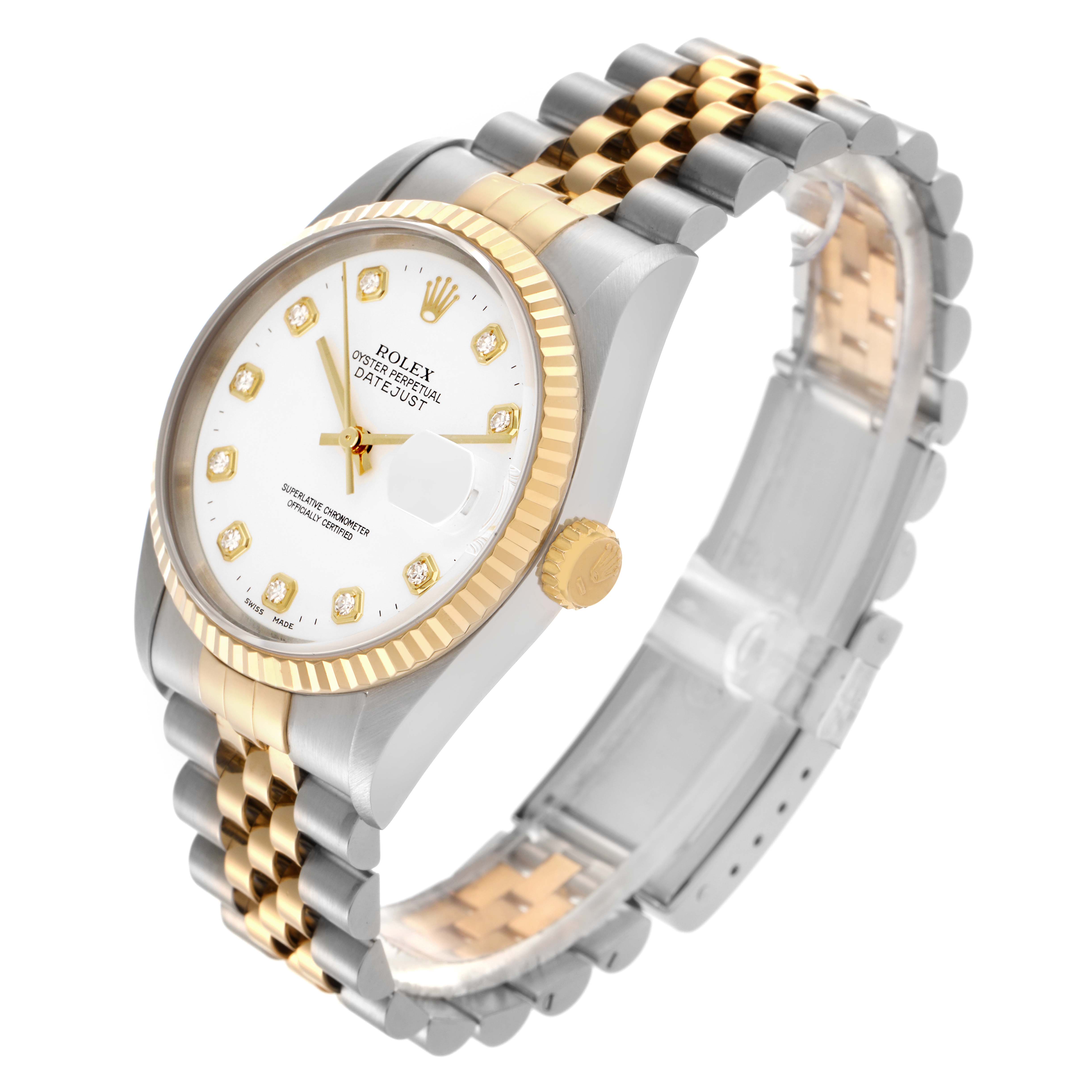 The Rolex Datejust 16233 Men's Steel and Gold (two tone) White Dial 16233 Men's Steel and Gold (two tone) White Dial watch is shown at a three-quarter angle, highlighting the face, bezel, crown, and bracelet.