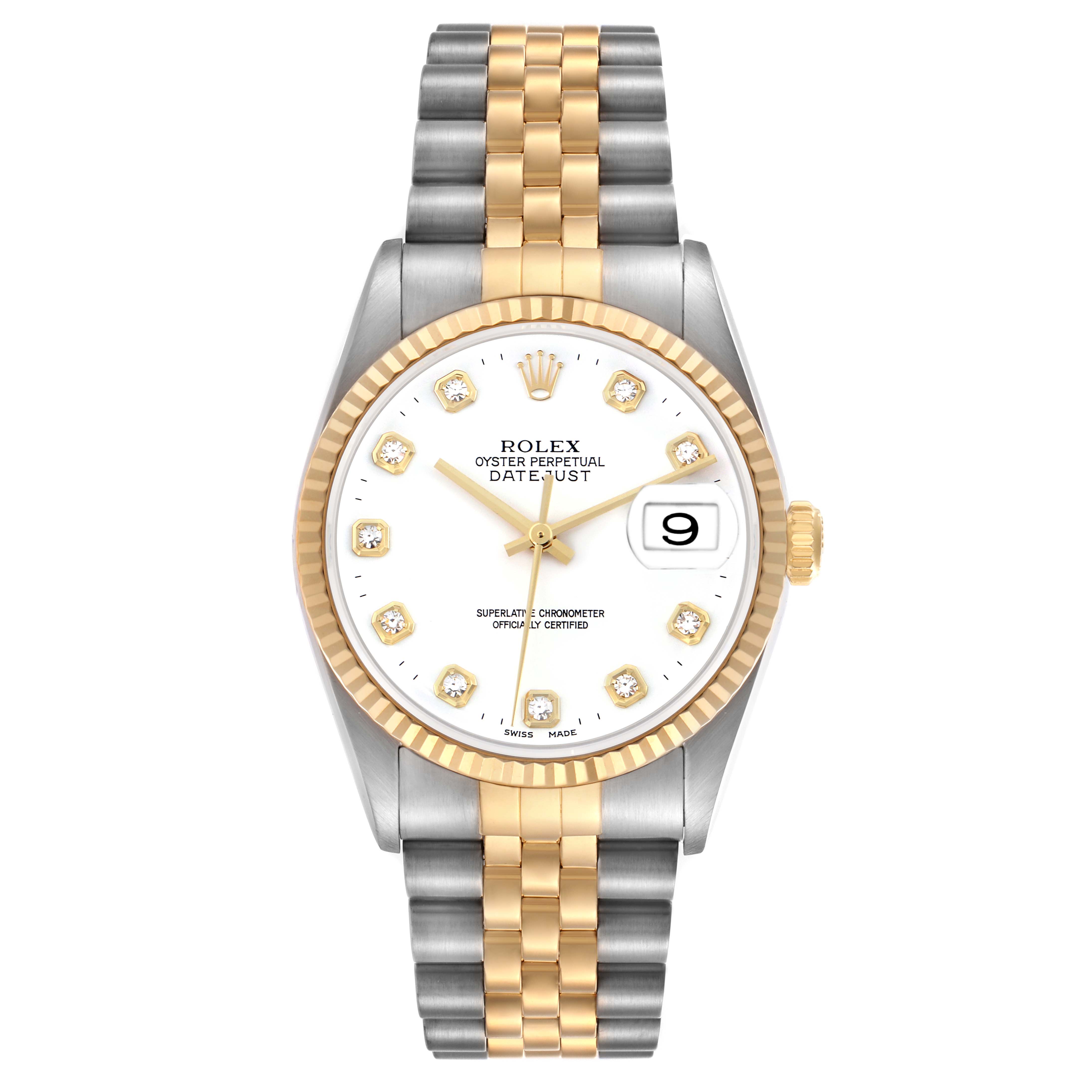 The Rolex Datejust 16233 Men's Steel and Gold (two tone) White Dial 16233 Men's Steel and Gold (two tone) White Dial watch is shown from the front, displaying its bracelet, dial, bezel, crown, and date window.