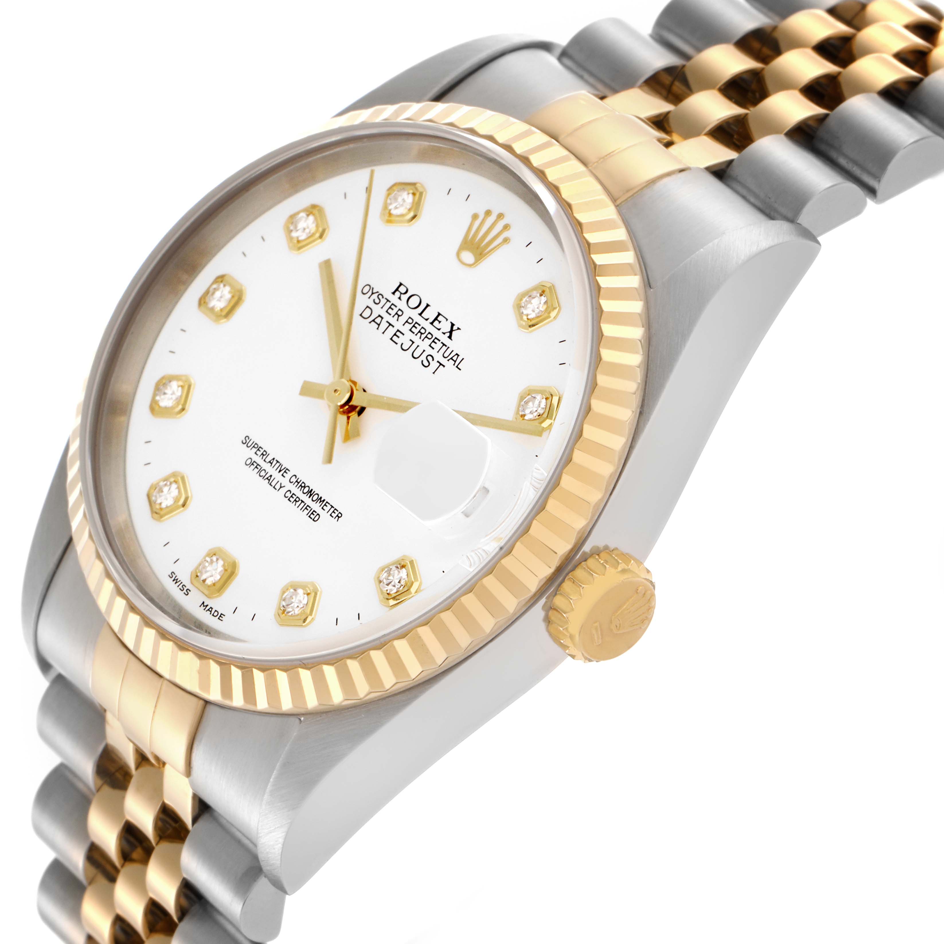 The Rolex Datejust 16233 Men's Steel and Gold (two tone) White Dial 16233 Men's Steel and Gold (two tone) White Dial watch is shown at a three-quarter angle, highlighting the face, bezel, crown, and part of the bracelet.