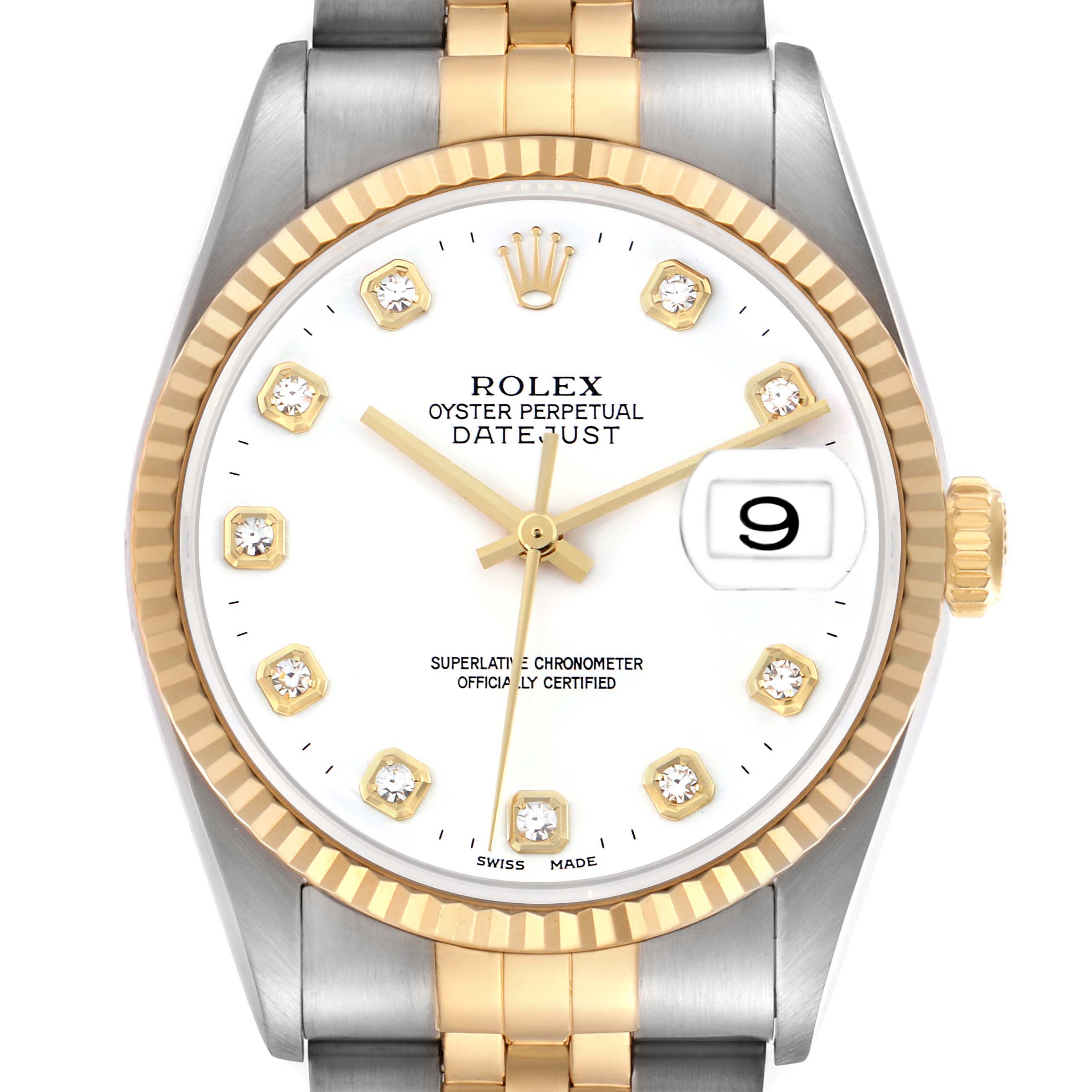 The Rolex Datejust 16233 Men's Steel and Gold (two tone) White Dial 16233 Men's Steel and Gold (two tone) White Dial watch is shown from a top view, highlighting the dial, fluted bezel, and part of the bracelet.