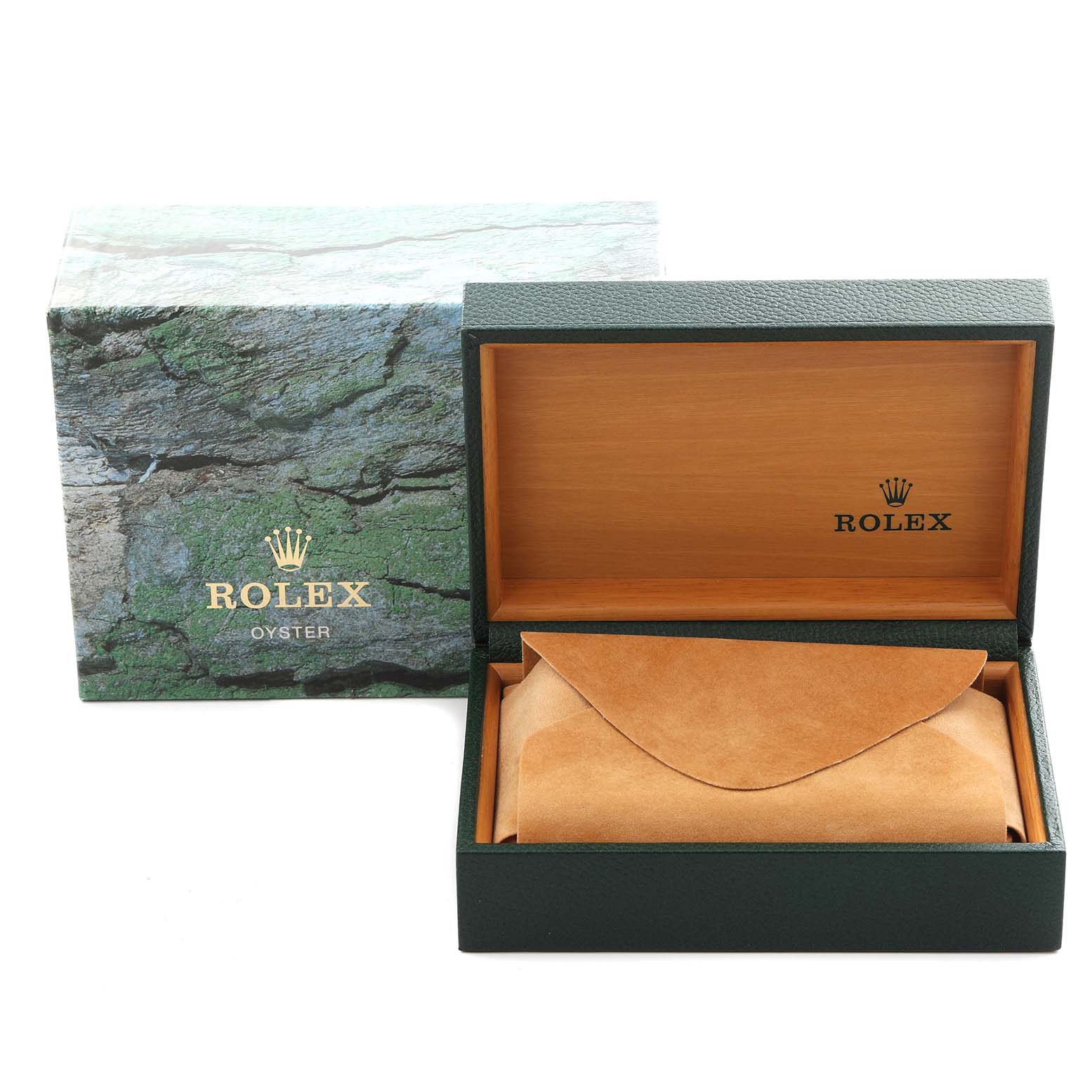 The image shows a Rolex Datejust 16233 Men's Steel and Gold (two tone) White Dial 16233 Men's Steel and Gold (two tone) White Dial watch box and outer sleeve at a front angle, with a suede pouch inside.