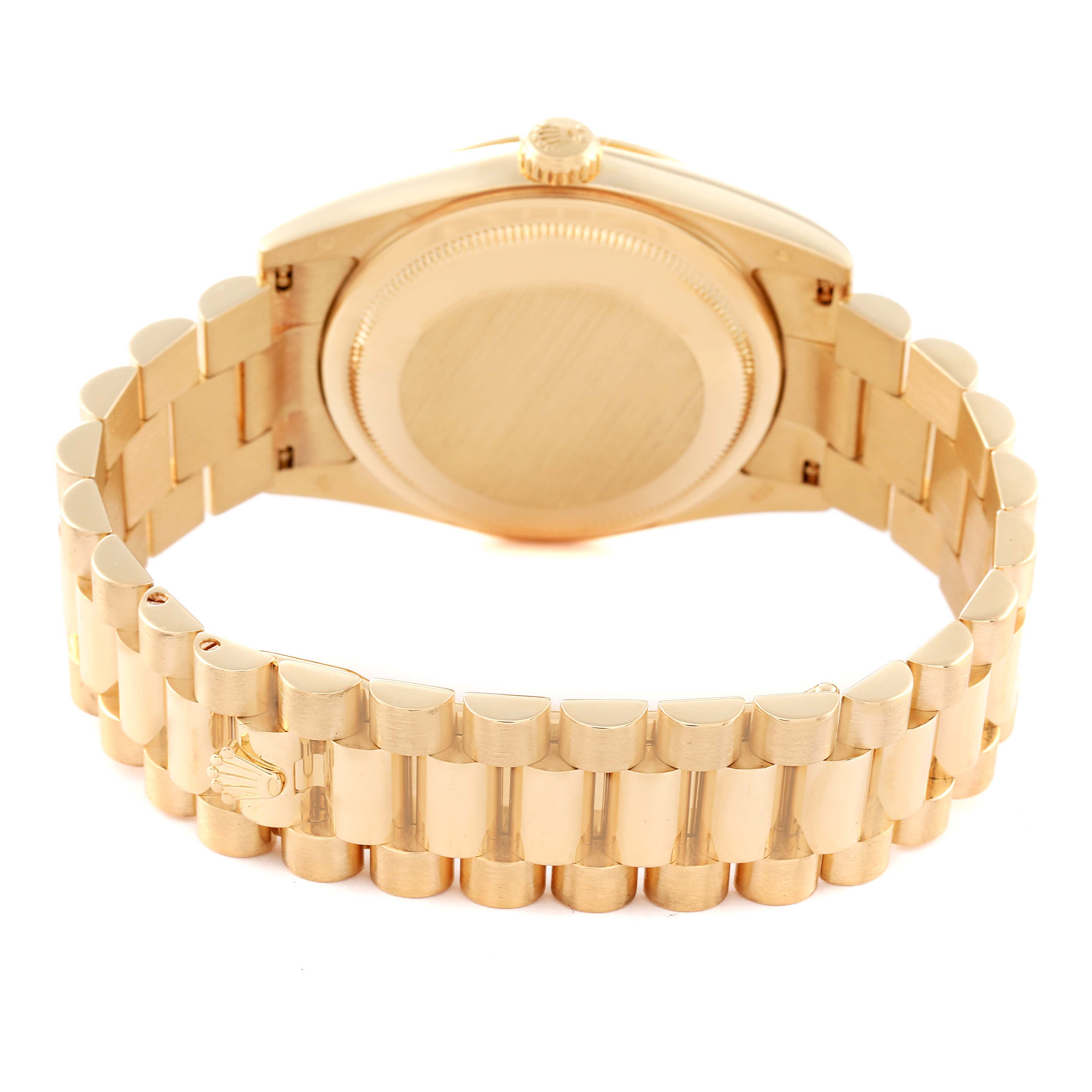 This image shows the back and bracelet of a Rolex President 118238 Men's Yellow Gold Champagne Dial 118238 Men's Yellow Gold Champagne Dial model watch from a rear angle.