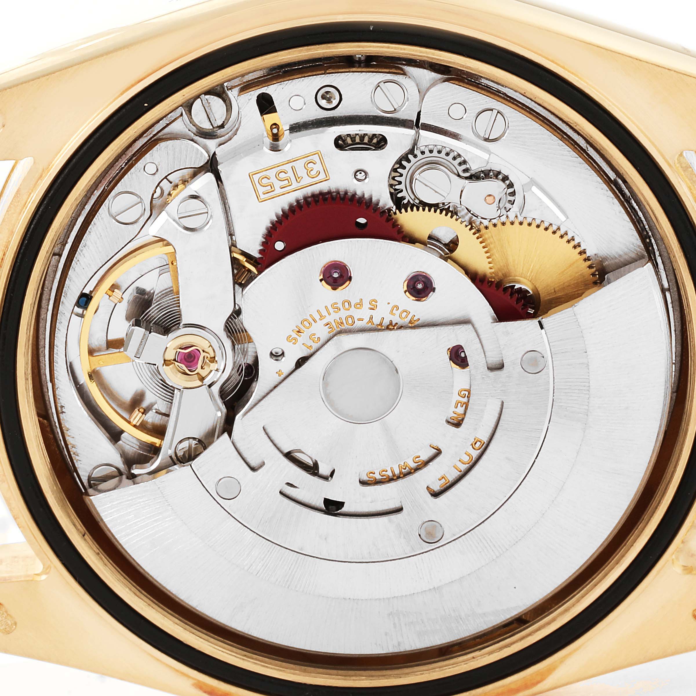 Close-up view of the internal mechanism of a Rolex President 118238 Men's Yellow Gold Champagne Dial 118238 Men's Yellow Gold Champagne Dial model watch, showing gears and intricate components.