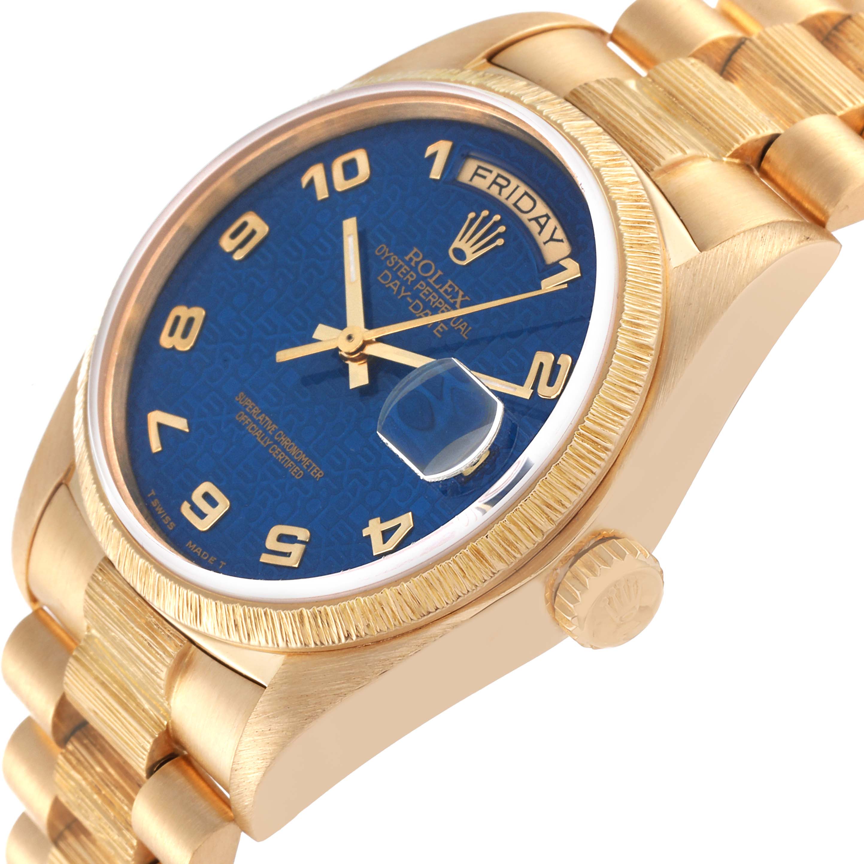 The image shows a close-up angled view of a Rolex President 18078 Men's Yellow Gold Blue Dial 18078 Men's Yellow Gold Blue Dial watch, highlighting the blue dial, gold bezel, and bracelet.