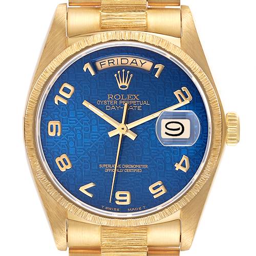 Photo of Rolex Day-Date President Yellow Gold Blue Dial Bark Finish Mens Watch 18078
