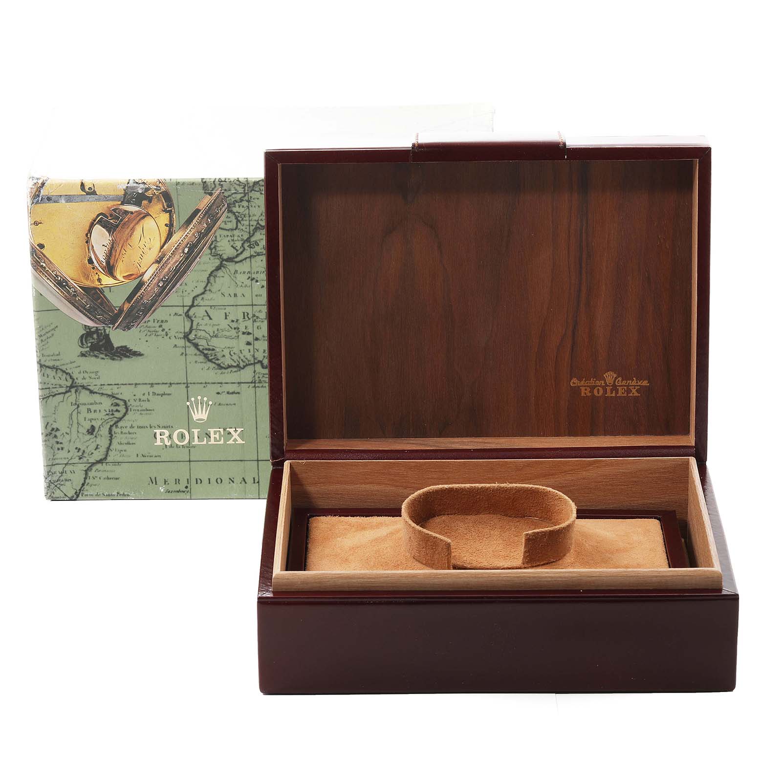 The image shows an open wooden box and packaging for the Rolex President 18078 Men's Yellow Gold Blue Dial 18078 Men's Yellow Gold Blue Dial model watch.