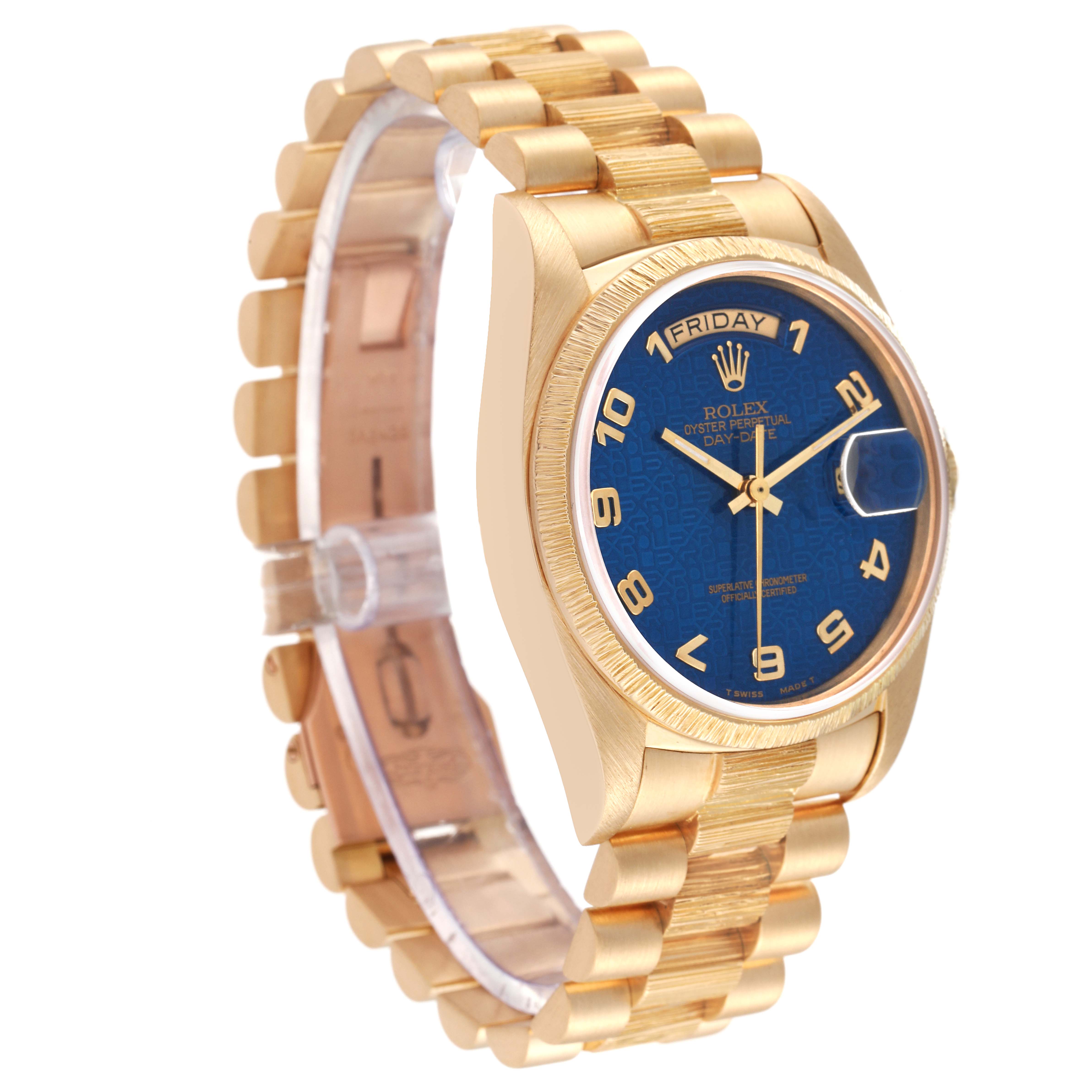 The image shows a side profile of a Rolex President 18078 Men's Yellow Gold Blue Dial 18078 Men's Yellow Gold Blue Dial model watch featuring a gold bracelet and a blue dial with date and day indicators.