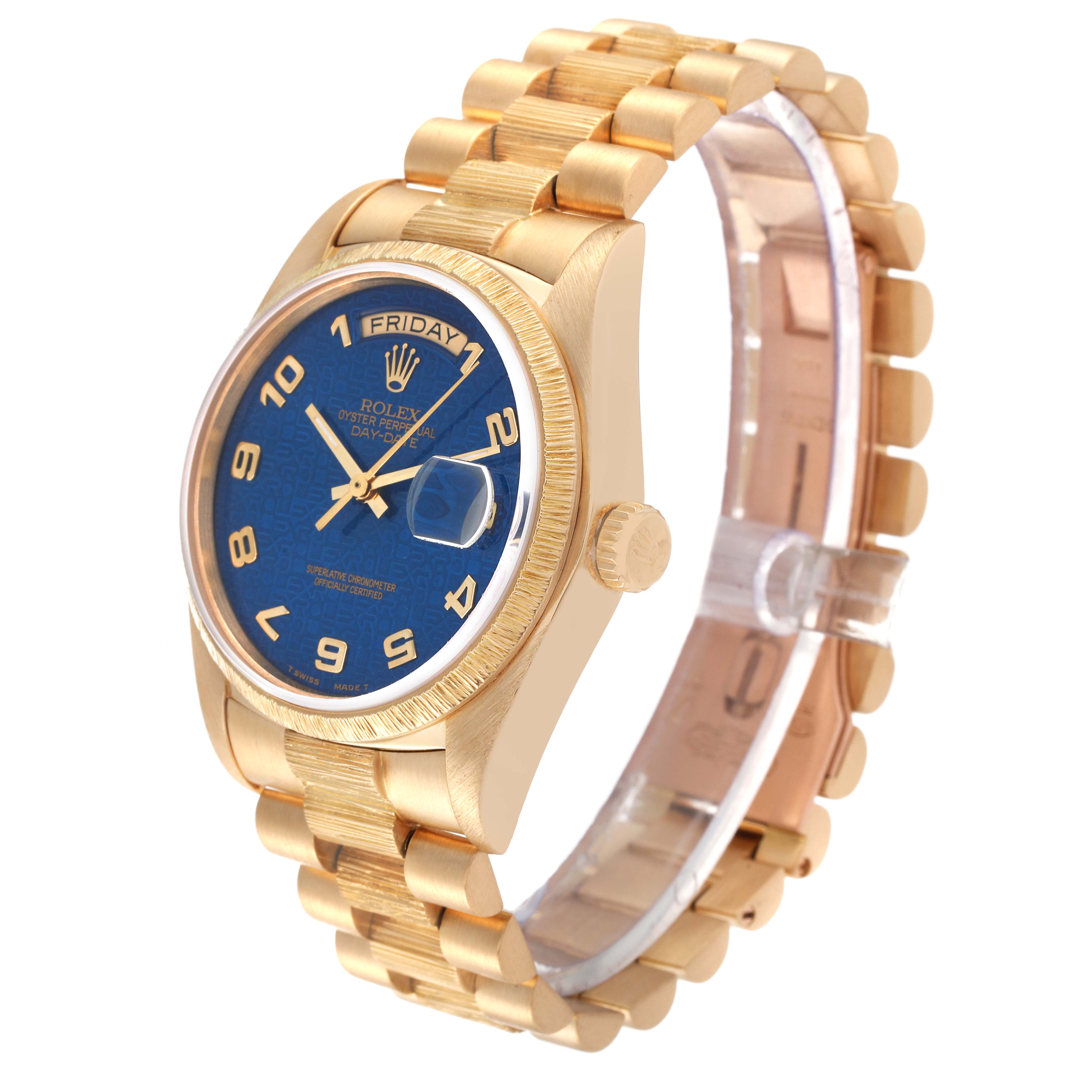 The image shows a Rolex President 18078 Men's Yellow Gold Blue Dial 18078 Men's Yellow Gold Blue Dial model watch at a three-quarter angle, highlighting its gold band, blue dial, and crown.