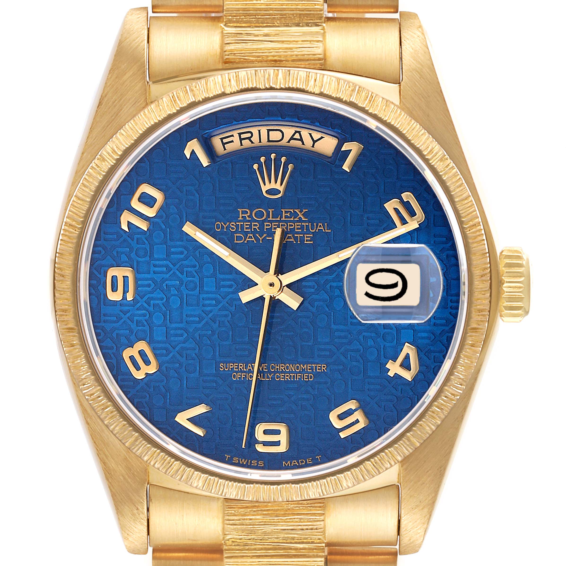 The image shows a front view of the Rolex President 18078 Men's Yellow Gold Blue Dial 18078 Men's Yellow Gold Blue Dial model watch with a blue dial, gold numbers, and a day-date display.