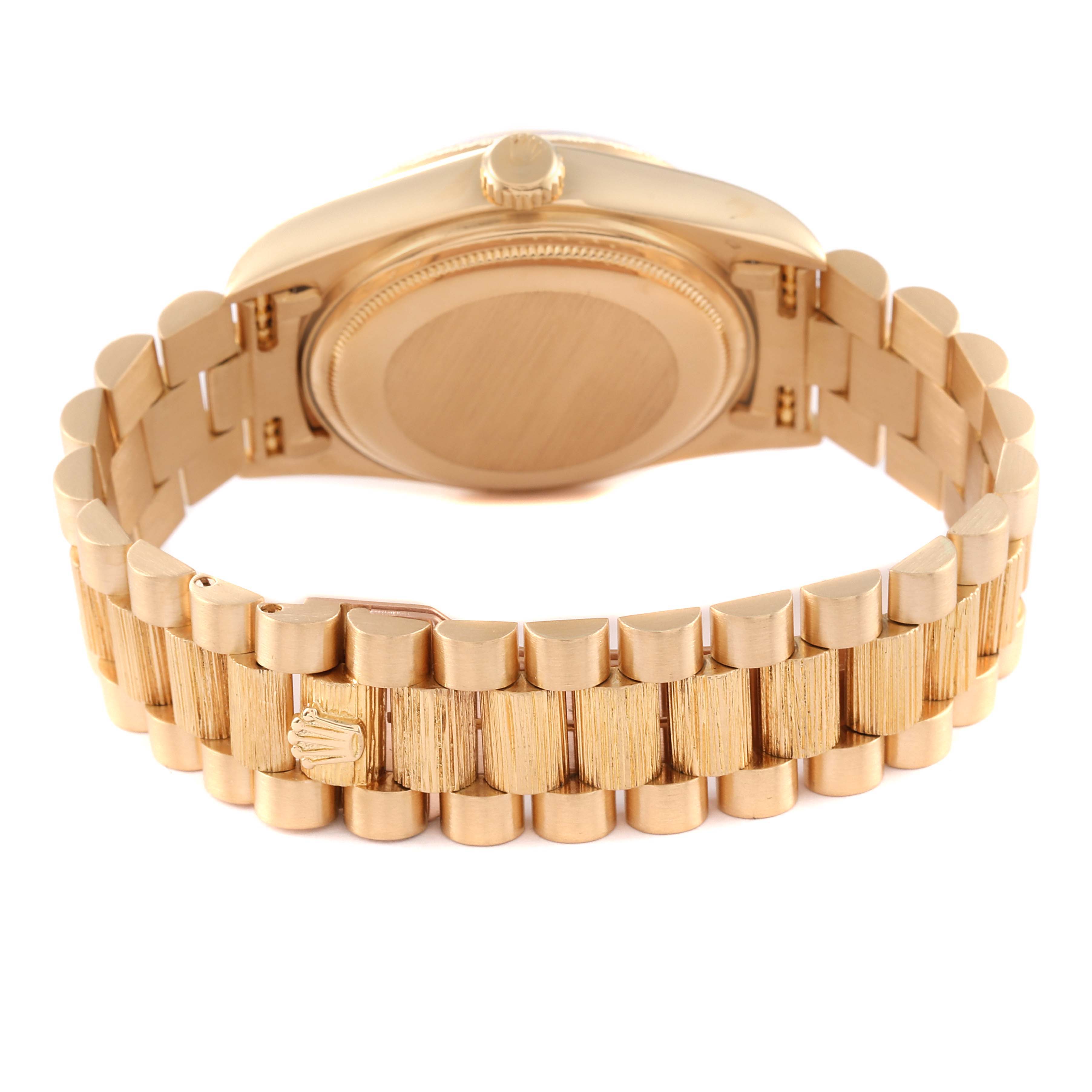 The image shows the back of the Rolex President 18078 Men's Yellow Gold Blue Dial 18078 Men's Yellow Gold Blue Dial model watch, featuring its gold bracelet and case back.