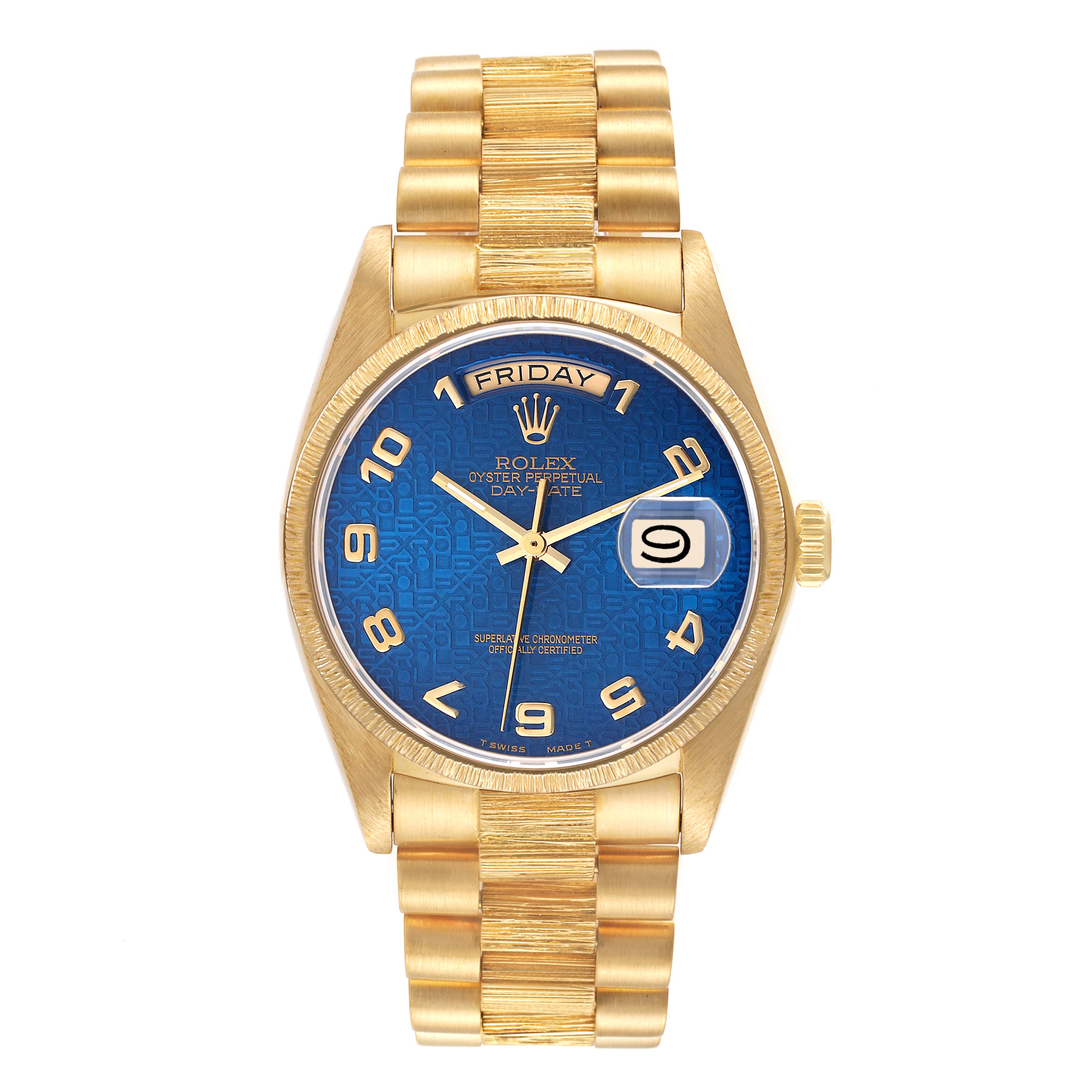 The Rolex President 18078 Men's Yellow Gold Blue Dial 18078 Men's Yellow Gold Blue Dial model watch is shown from the front, displaying its blue dial, gold bracelet, and day-date features.