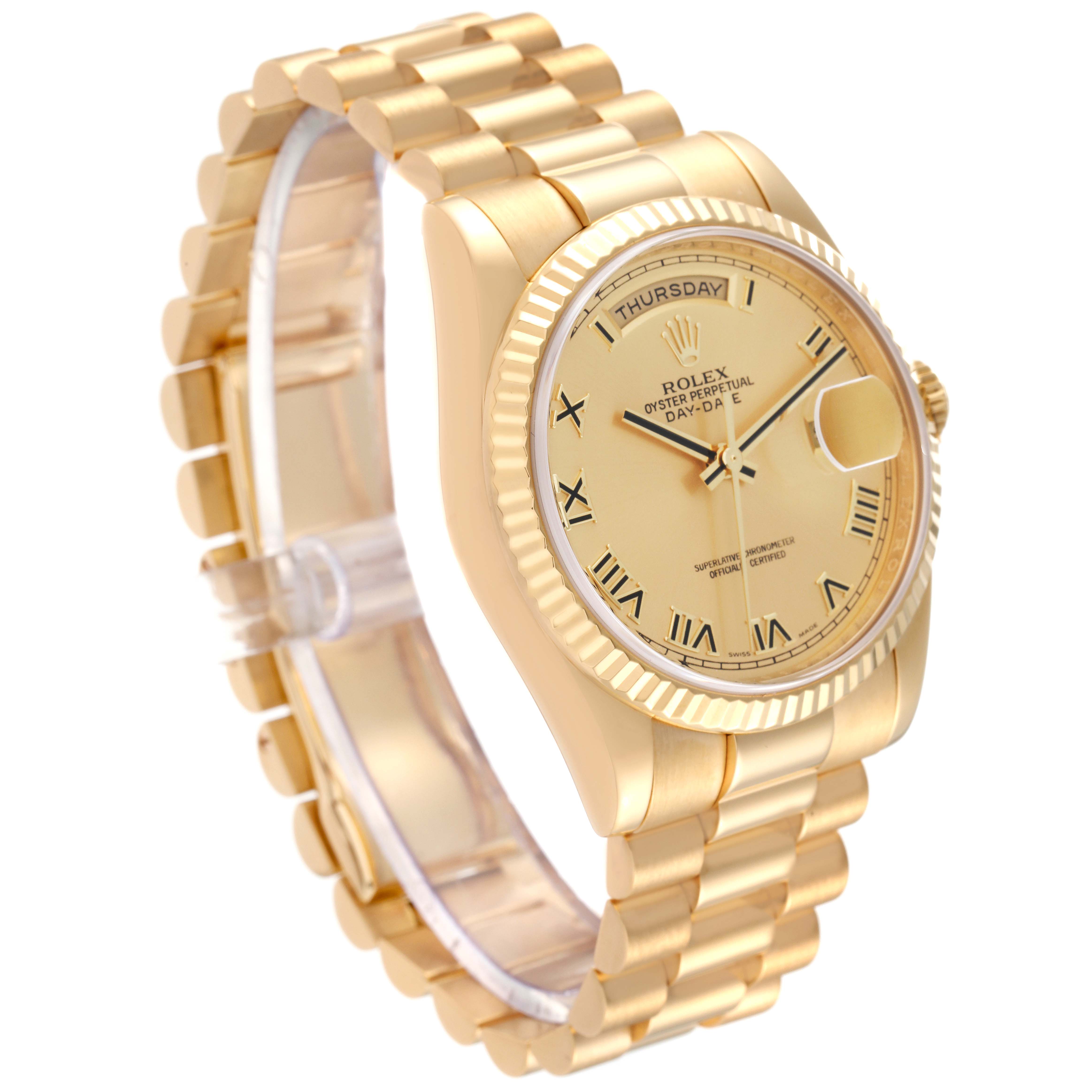 The image shows a side angle of a Rolex President 118238 Men
s Yellow Gold Champagne Dial 118238 Men
s Yellow Gold Champagne Dial model watch, highlighting its gold bracelet, dial, and fluted bezel.