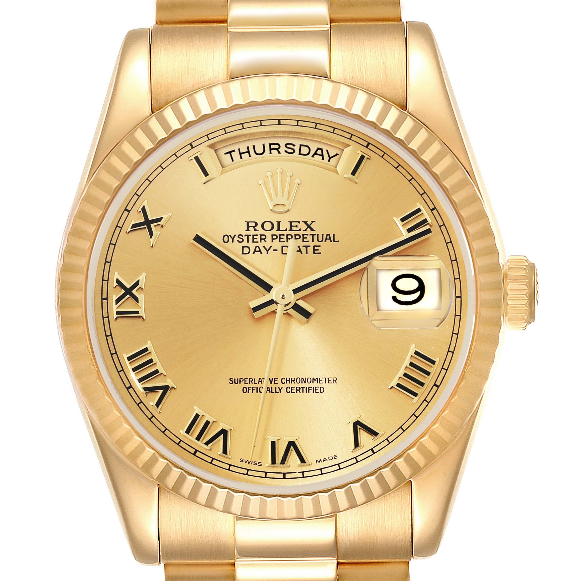 This image shows the dial, bezel, and part of the bracelet of a Rolex President 118238 Men
s Yellow Gold Champagne Dial 118238 Men
s Yellow Gold Champagne Dial Day-Date watch.