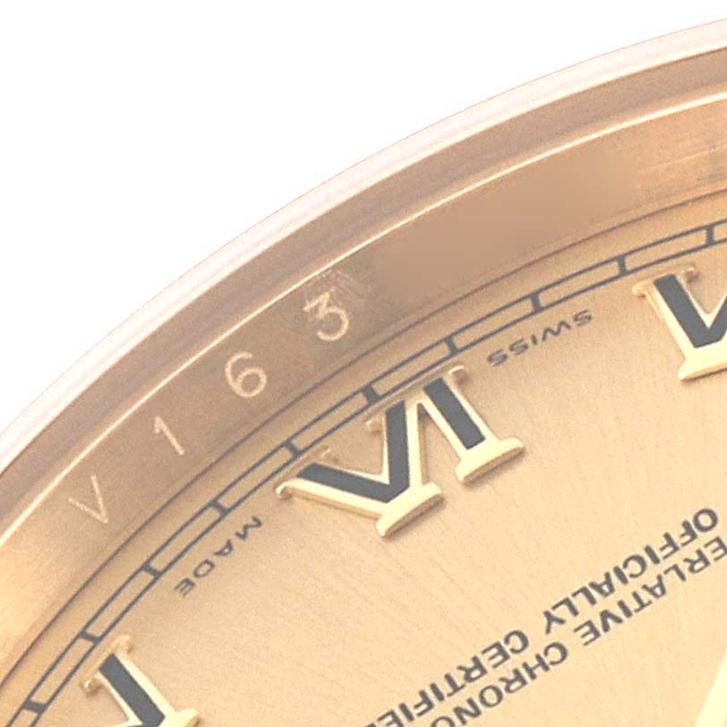 The image shows a close-up of the dial and bezel, focusing on the Roman numeral markers of a Rolex President 118238 Men
s Yellow Gold Champagne Dial 118238 Men
s Yellow Gold Champagne Dial watch.
